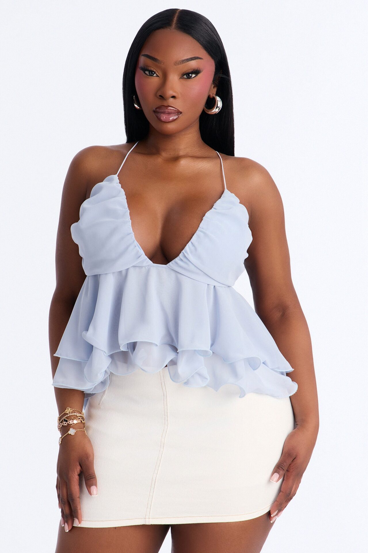Cute Life Ruffle Chiffon Babydoll Top - Blue