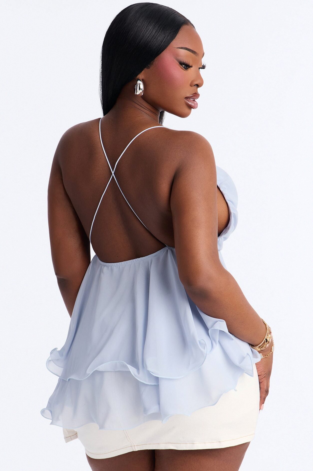 Cute Life Ruffle Chiffon Babydoll Top - Blue