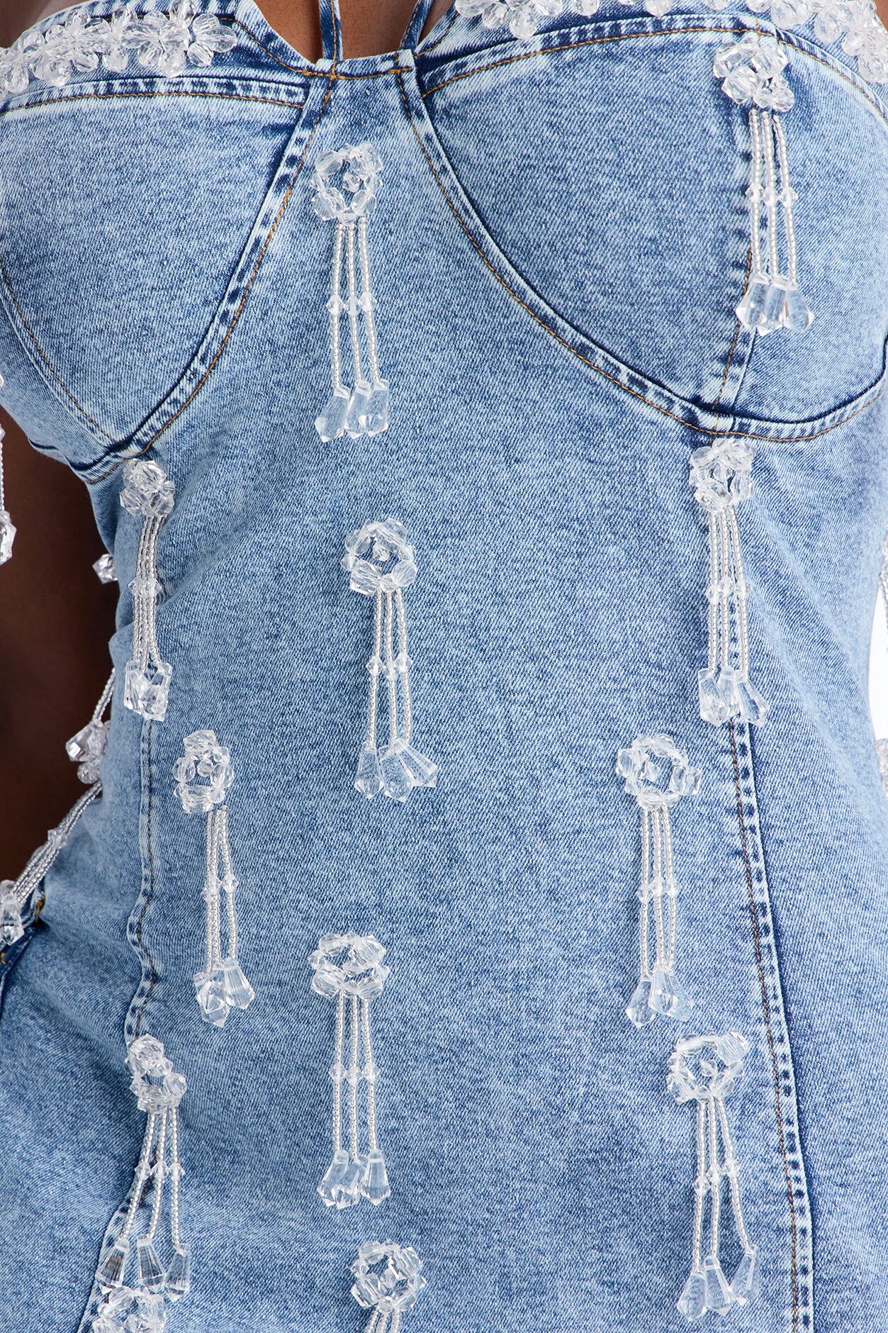Lowkey Diva Embellished Stretch Denim Mini Dress - Denim