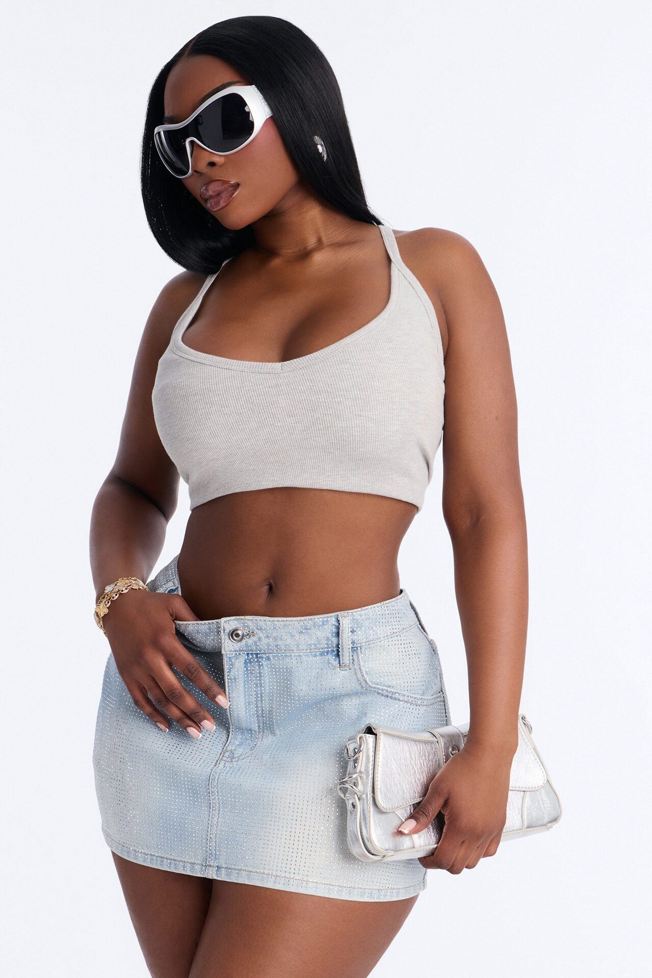 Shine Bright Sequin Denim Micro Mini Skirt - Light Wash