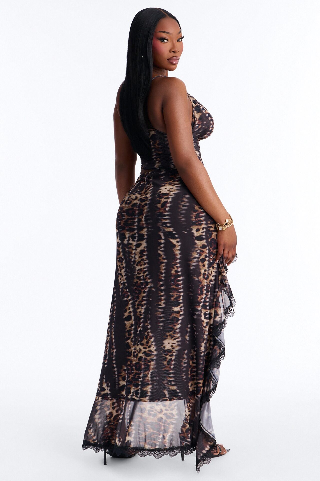 Veronica High Low Mesh Skirt Set - Brown/combo