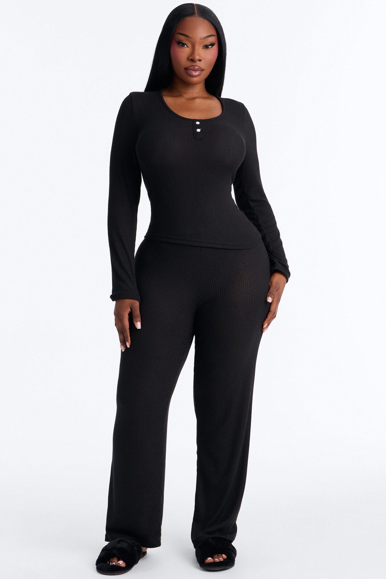 Slumber Haven Ribbed Long Sleeve PJ Pant Set - Black
