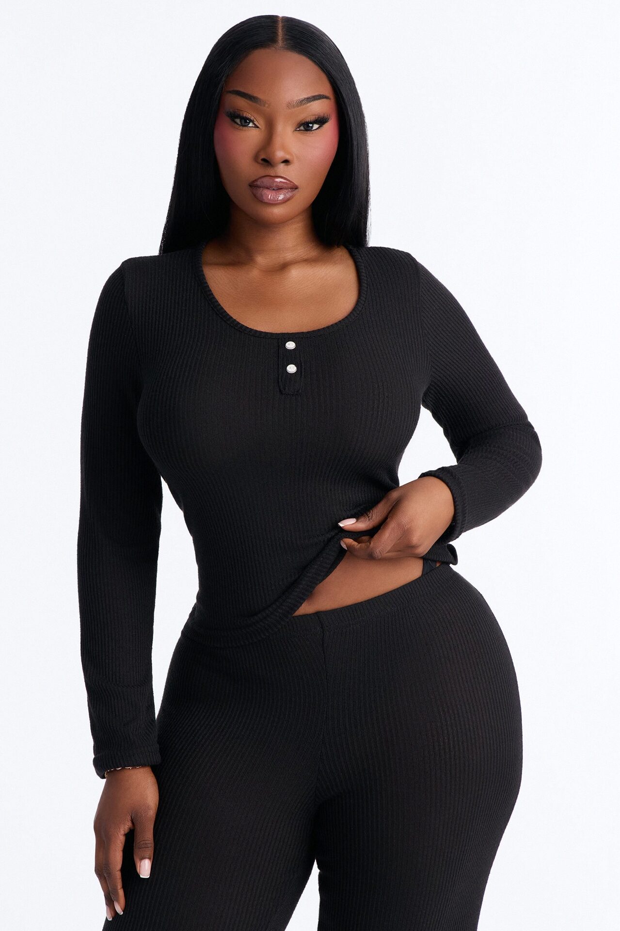 Slumber Haven Ribbed Long Sleeve PJ Pant Set - Black