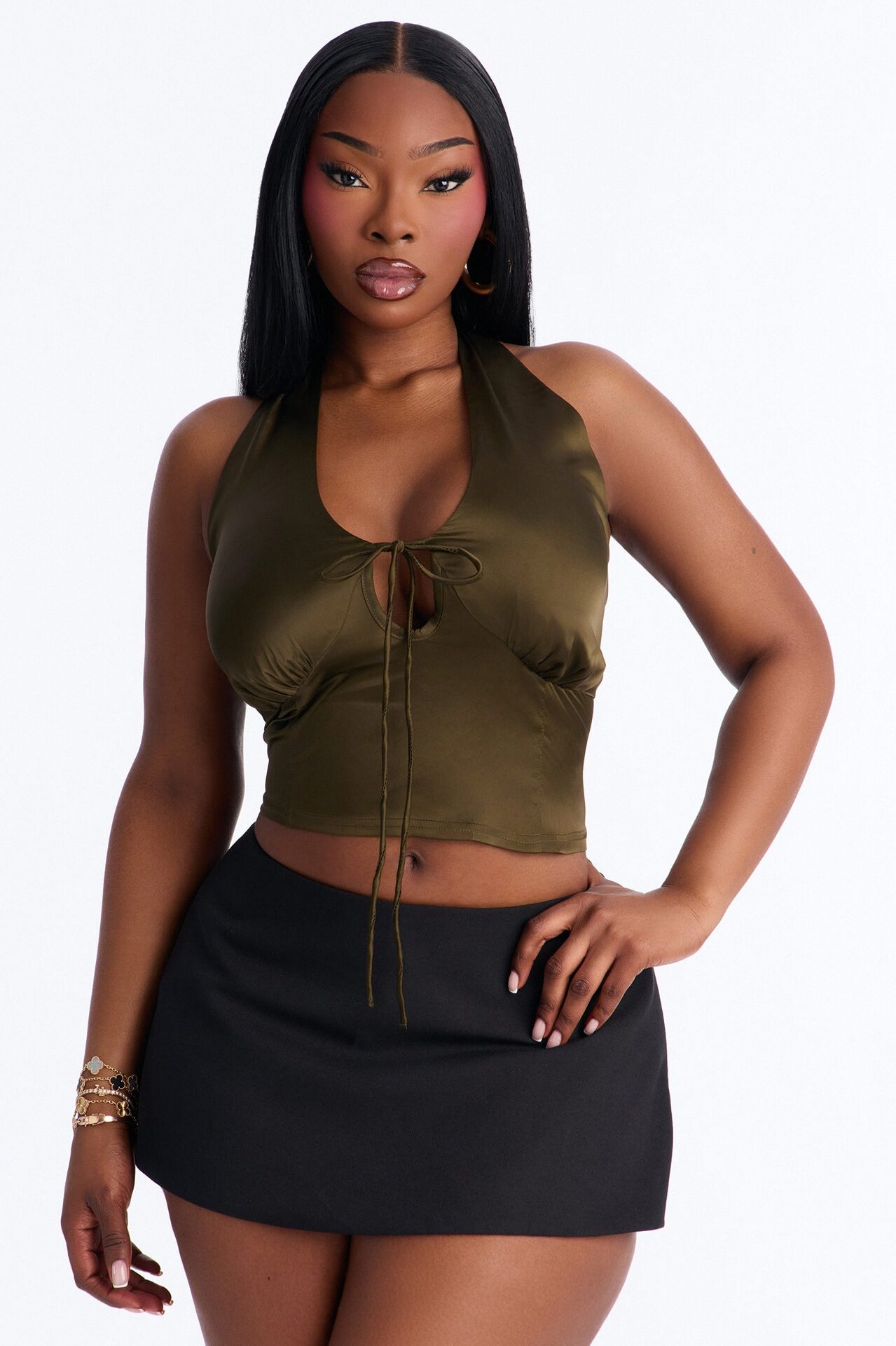 Midnight Mischief Tie Front Satin Halter Top - Dark Olive