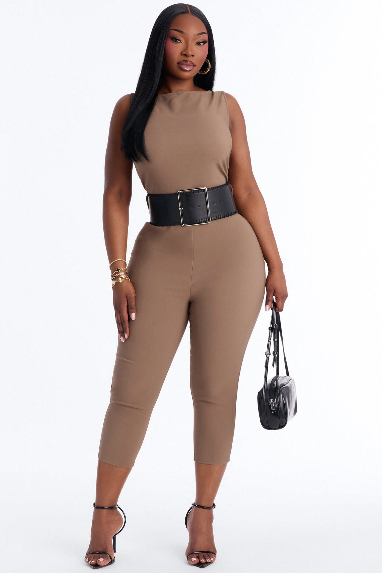Amaya Boat Neck Belted Capri Jumpsuit - Taupe