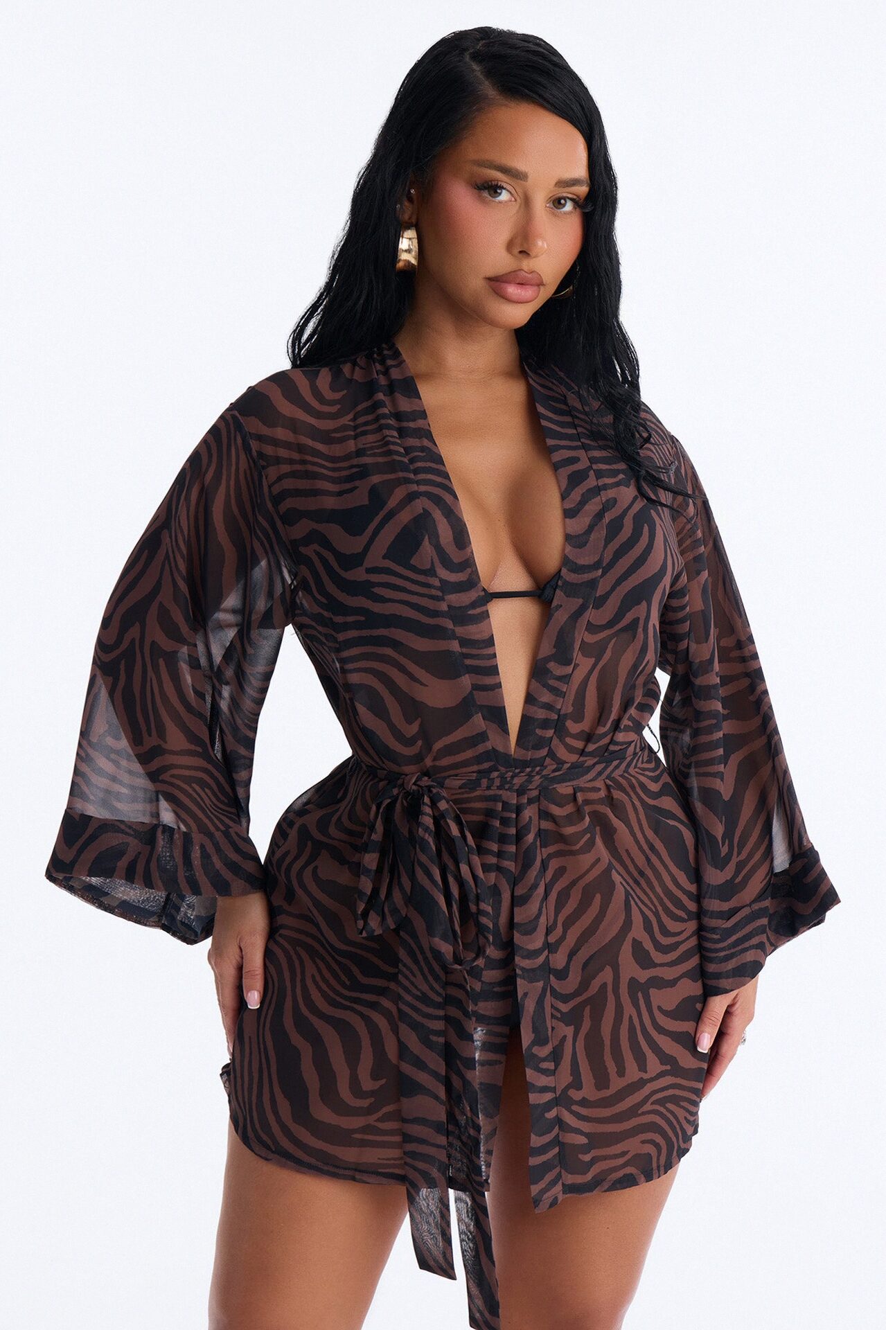 Nothing But A Stripe Waist Tie Swim Cover Up Kimono - Brown/combo