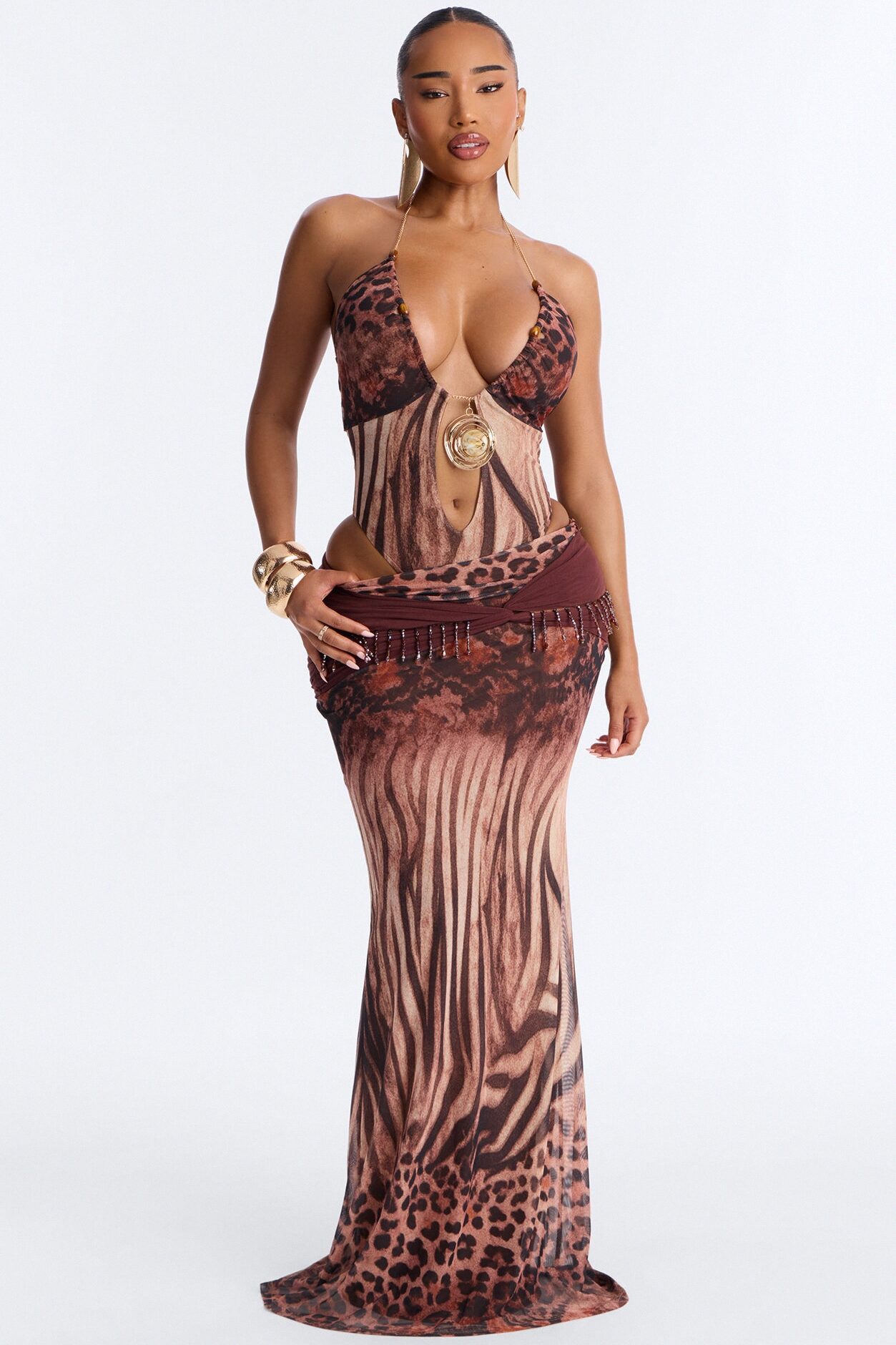 Marissa Hardware Maxi Skirt Set - Brown/combo