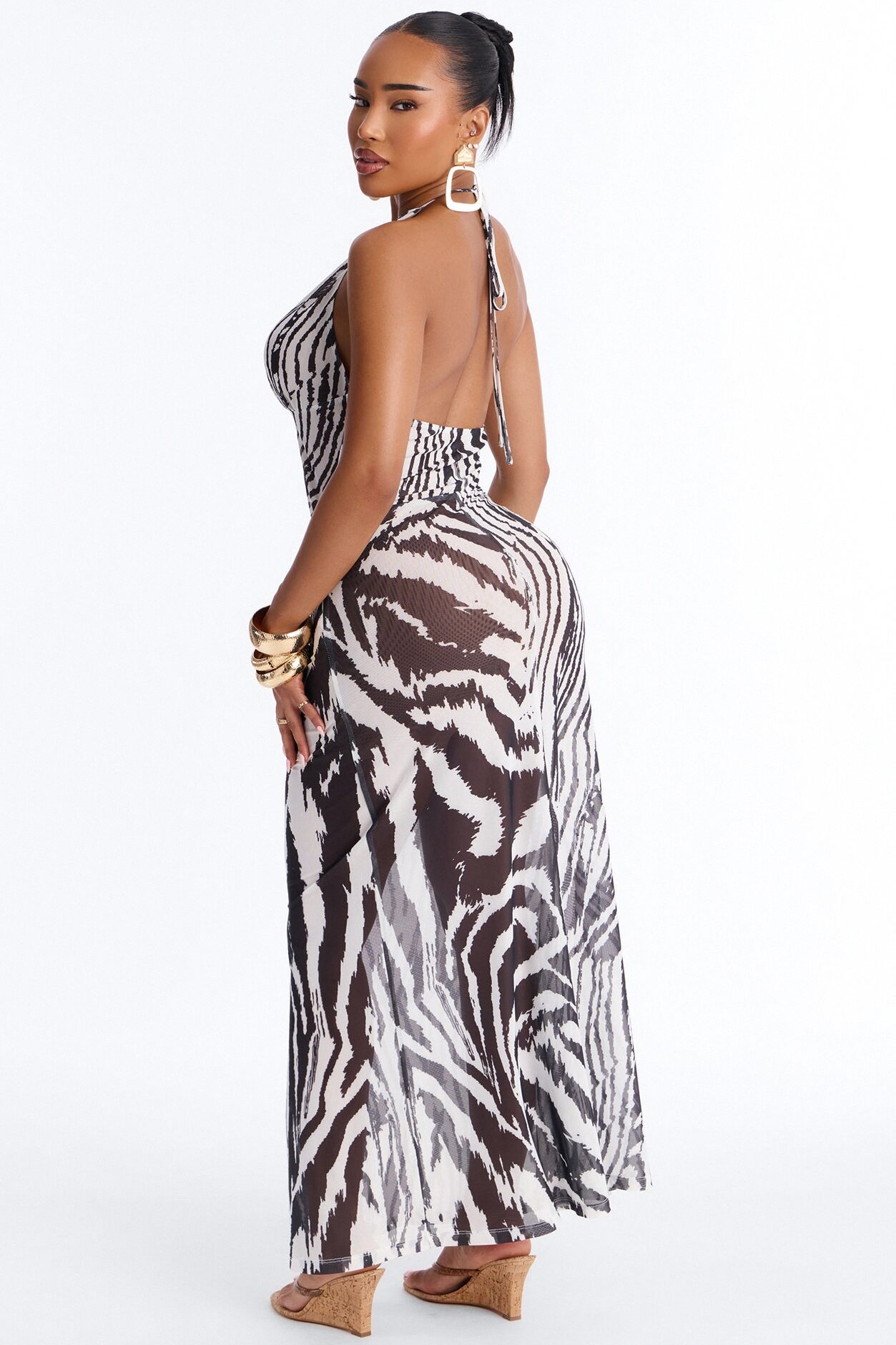 Alara Halter Mesh Maxi Dress - White/Black