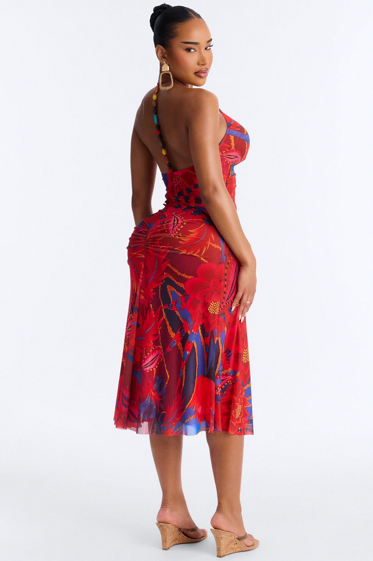 Draya Floral Mesh Midi Dress - Red/combo