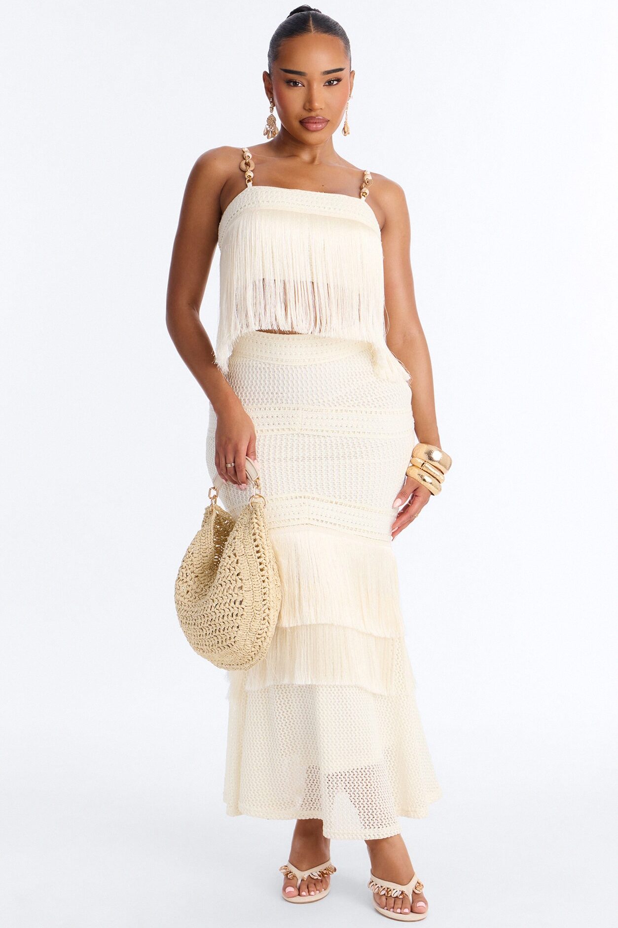 Sweet Reflections Crochet Fringe Trim Maxi Skirt Set - Cream