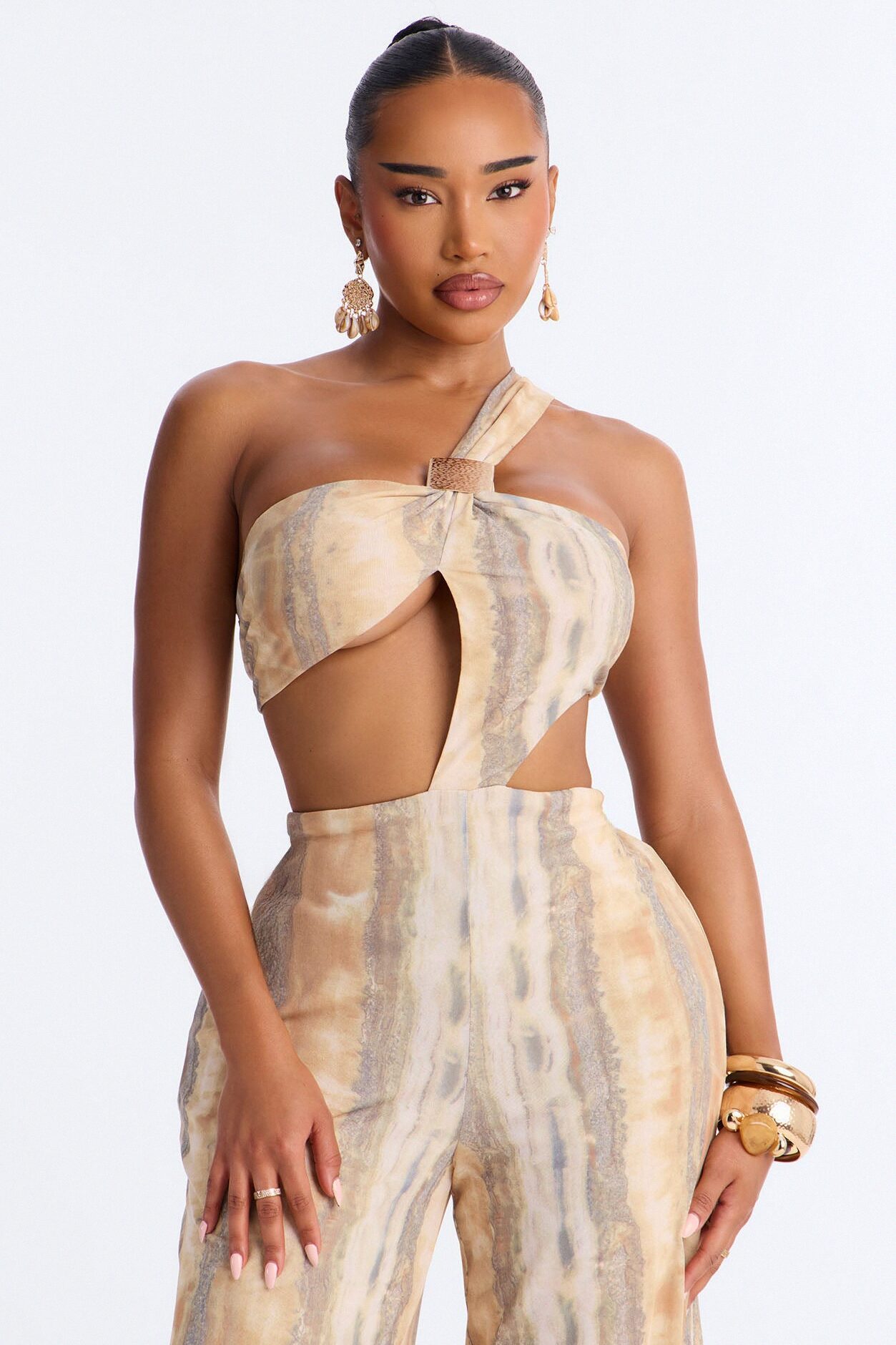 Cecili Mesh Wide Leg Jumpsuit - Tan/Multi