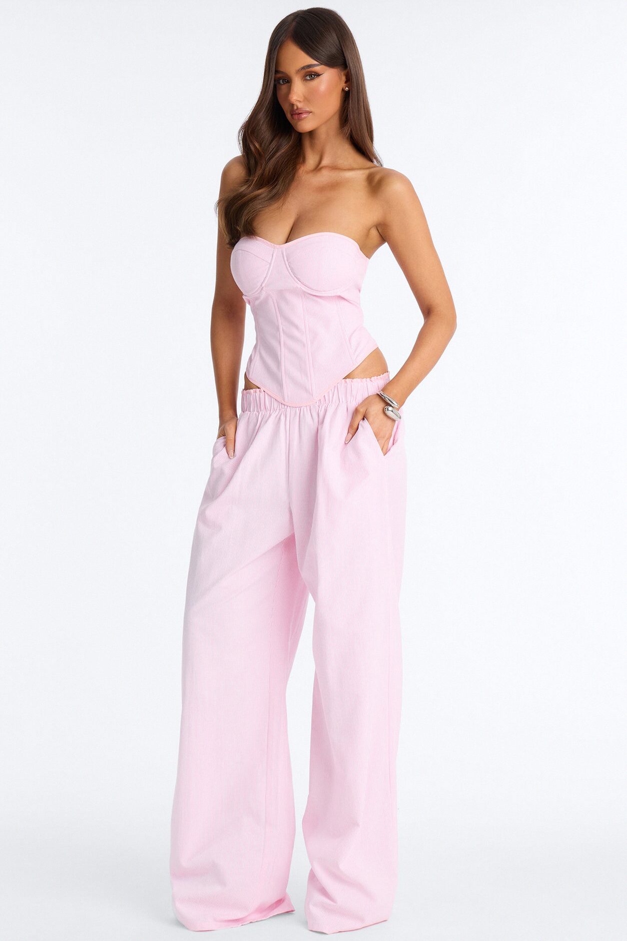 Laurie Linen Pinstripe Corset And Pant Set - Pink/combo