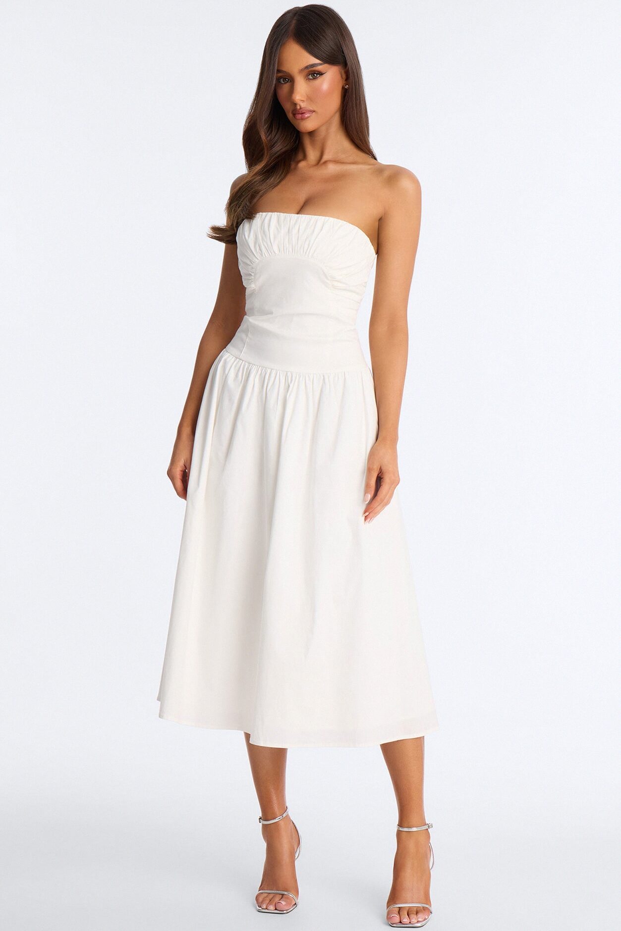 Jana Strapless Pleated Midi Dress - White
