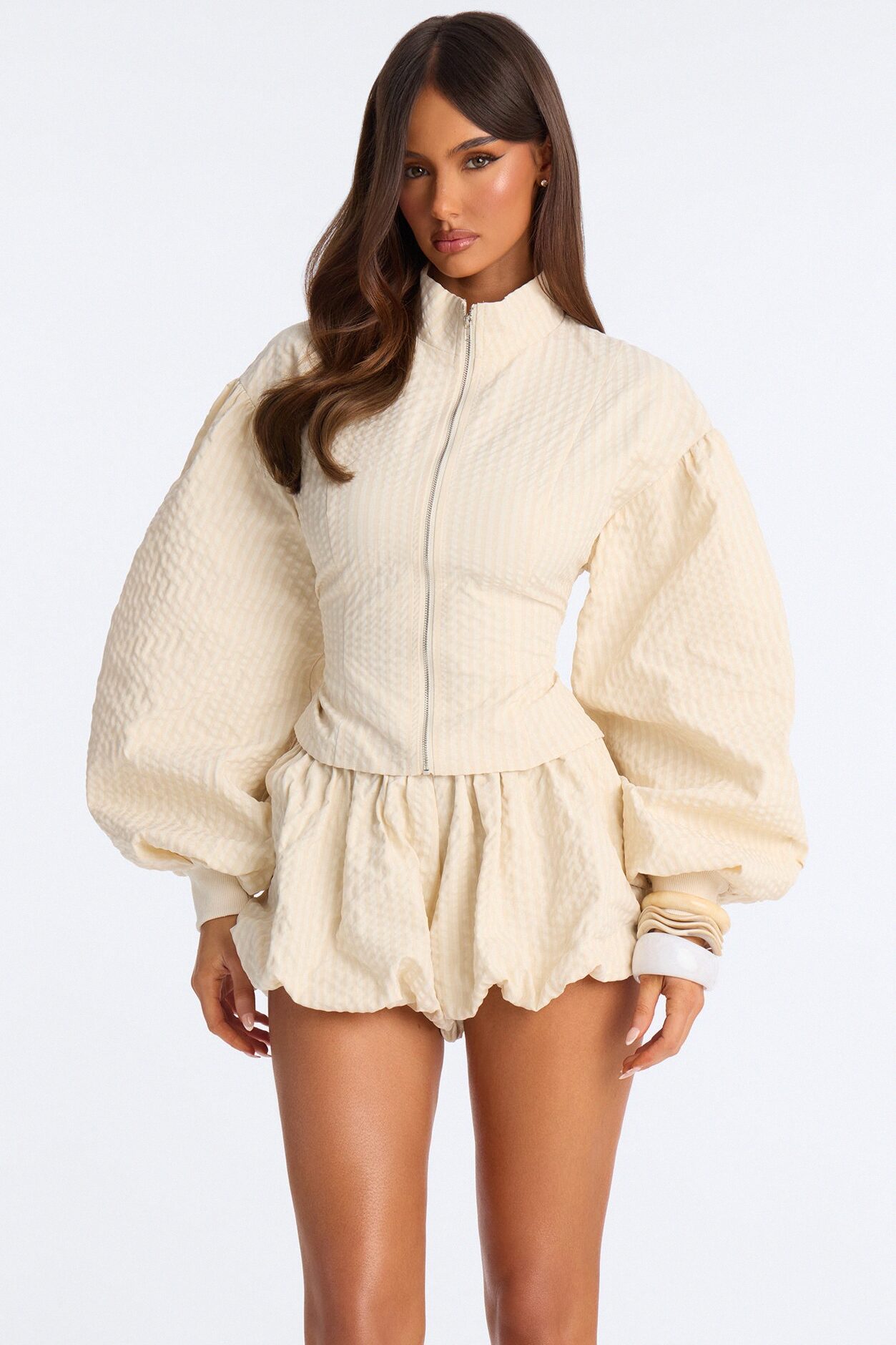 Kenzie Gingham Bubble Short Set - Beige