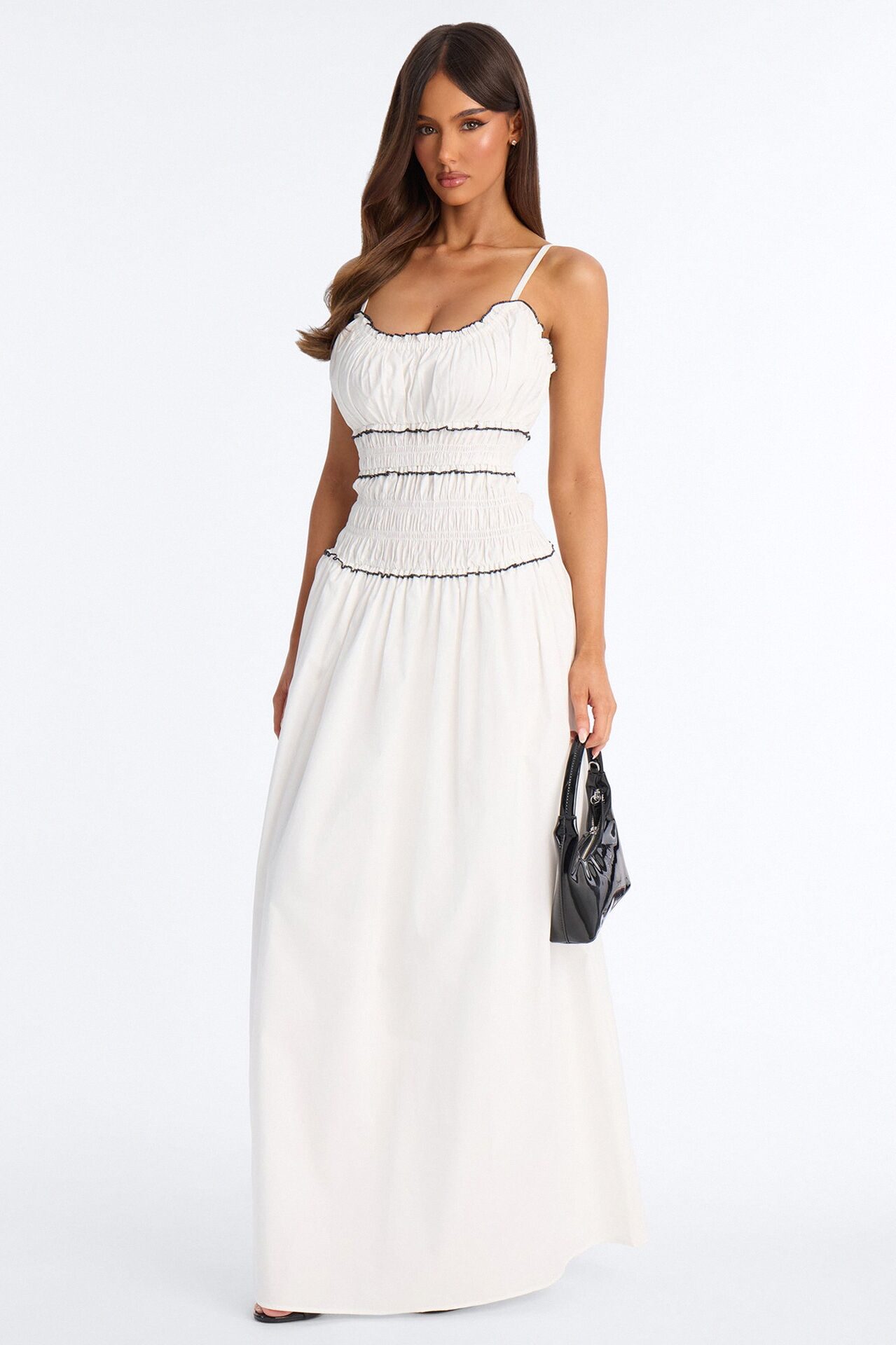 Coastal Breeze Ruched Maxi Dress - White/Black