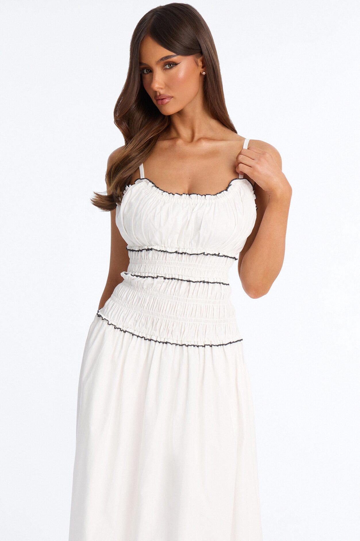 Coastal Breeze Ruched Maxi Dress - White/Black