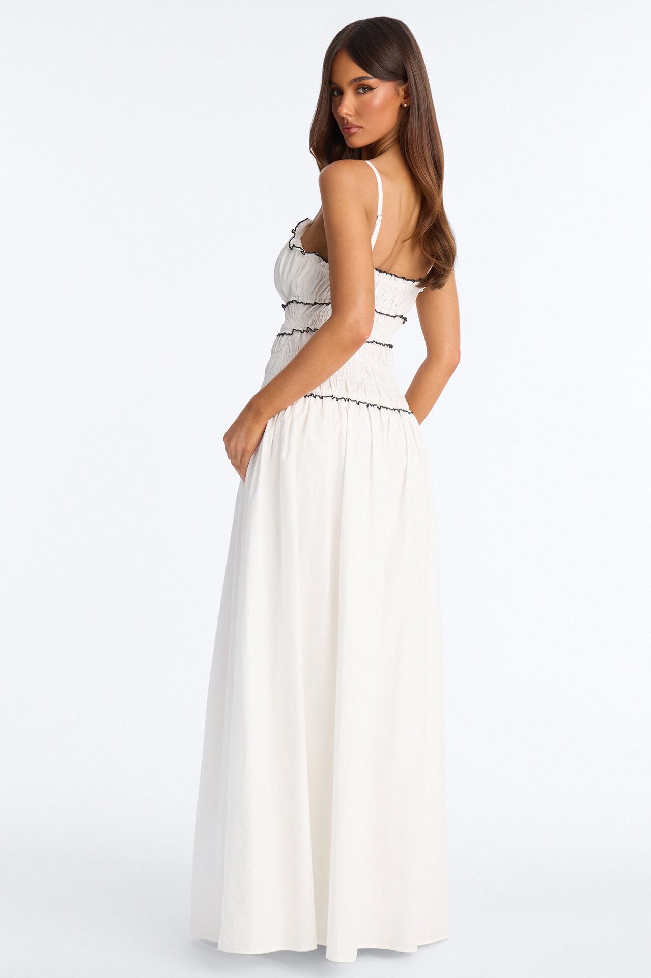 Coastal Breeze Ruched Maxi Dress - White/Black