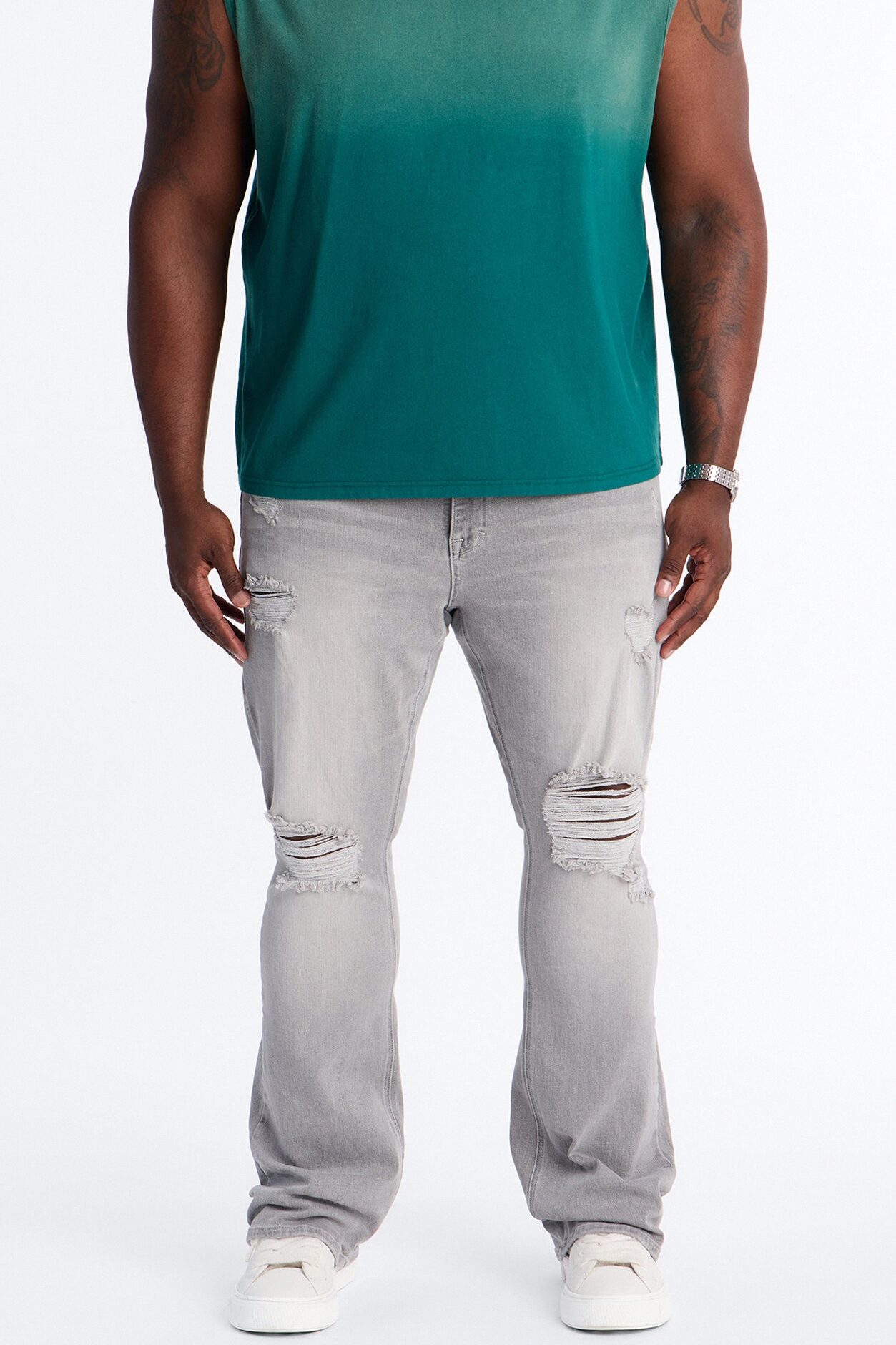 Essential Destroyed Stacked Slim Flare Stretch Jean - Grey