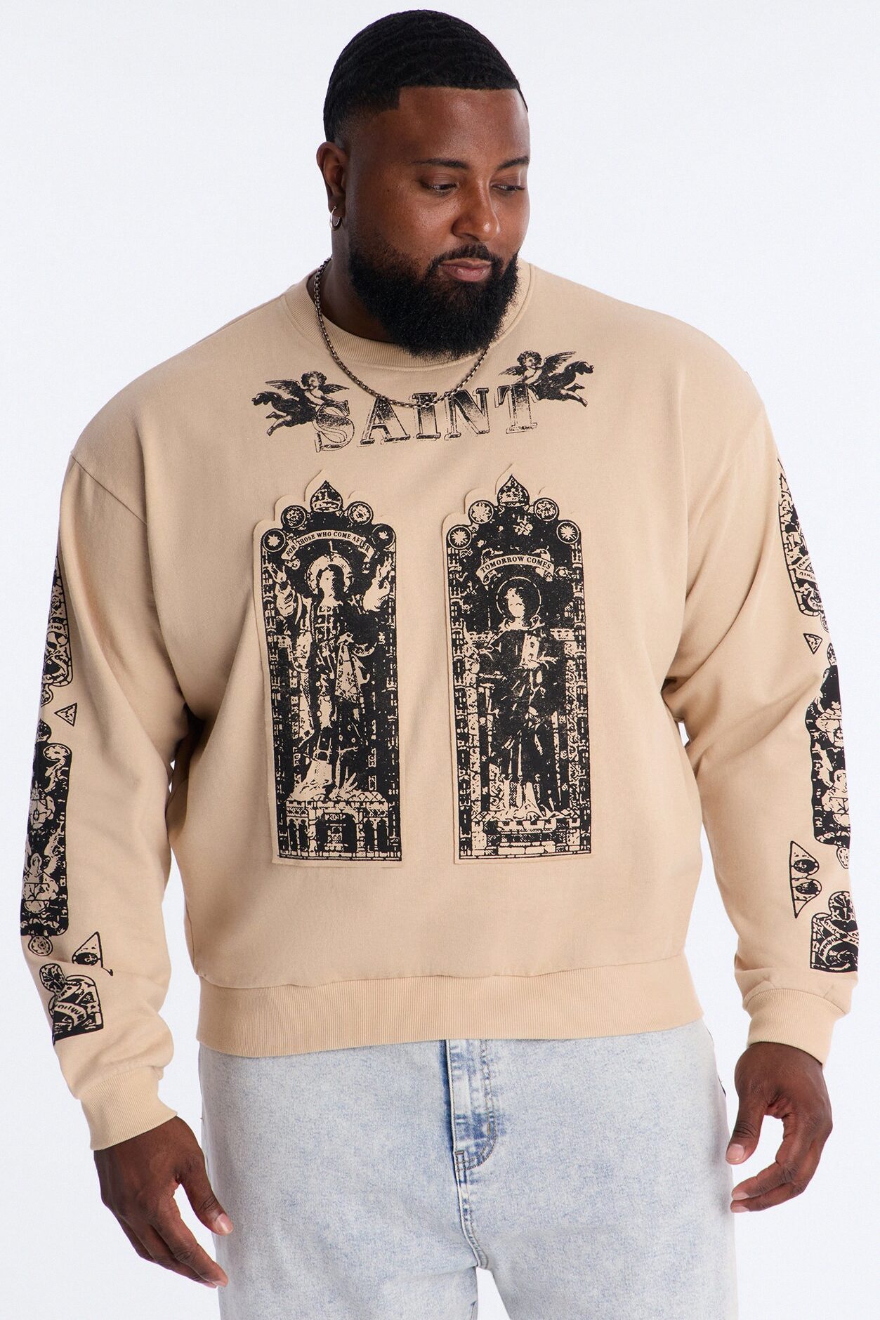 Saint Message Patched Crewneck Sweatshirt - Taupe