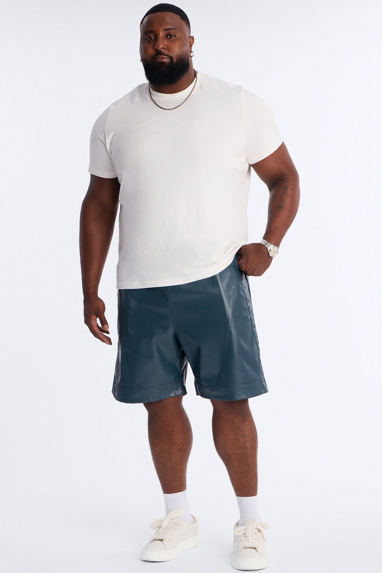 Relaxed Perforated Faux Leather Short - Navy
