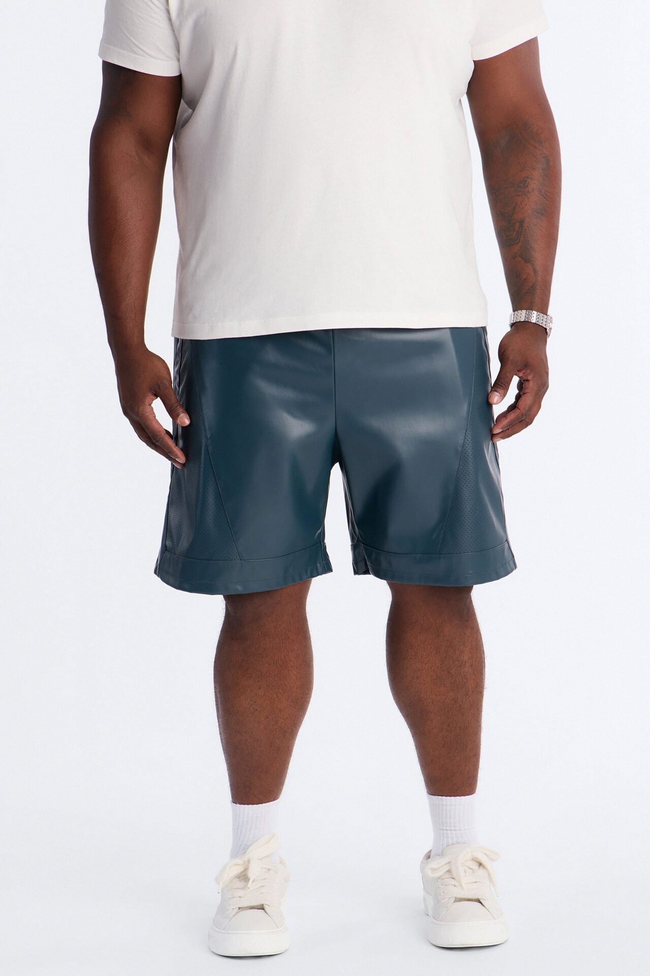 Relaxed Perforated Faux Leather Short - Navy