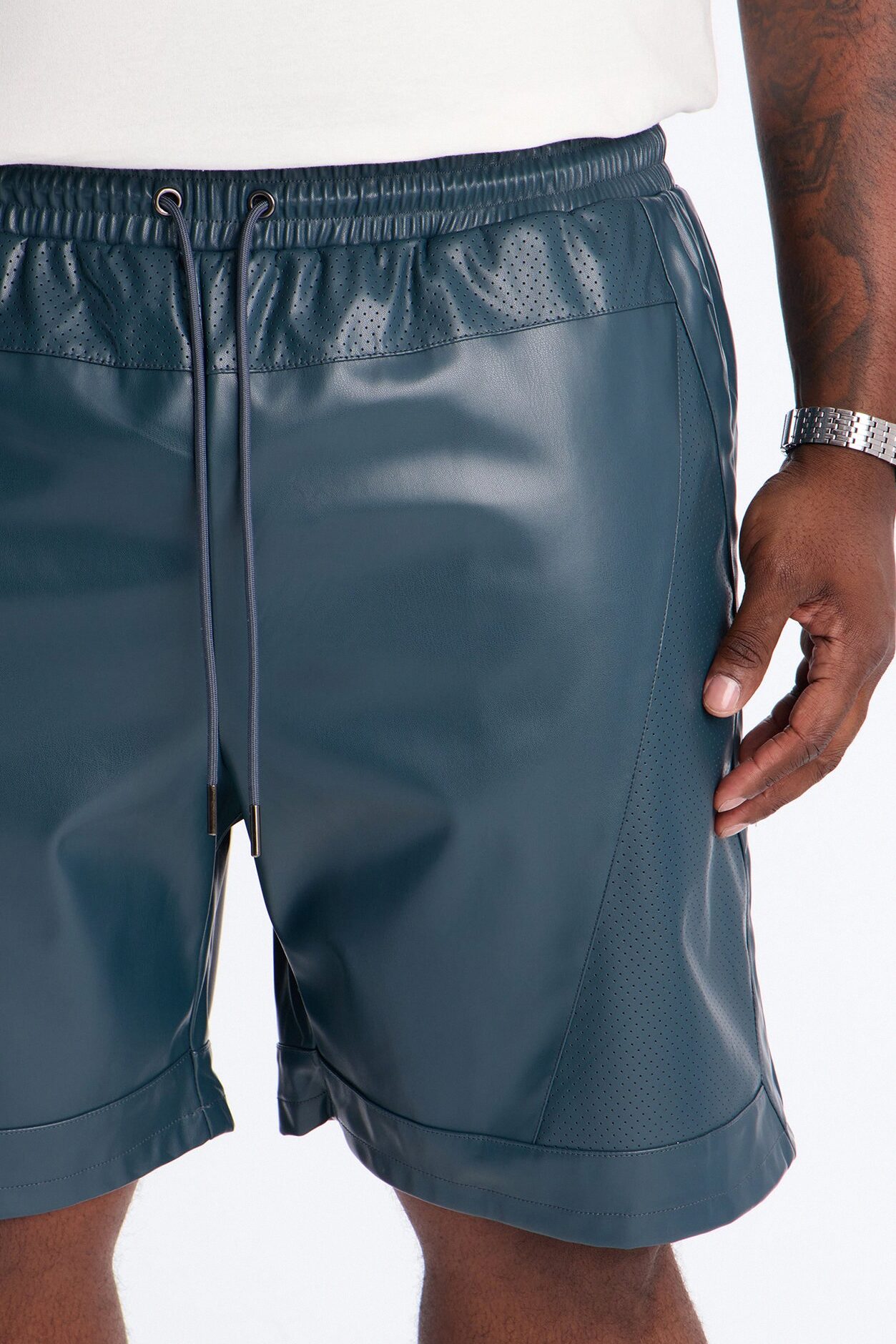 Relaxed Perforated Faux Leather Short - Navy