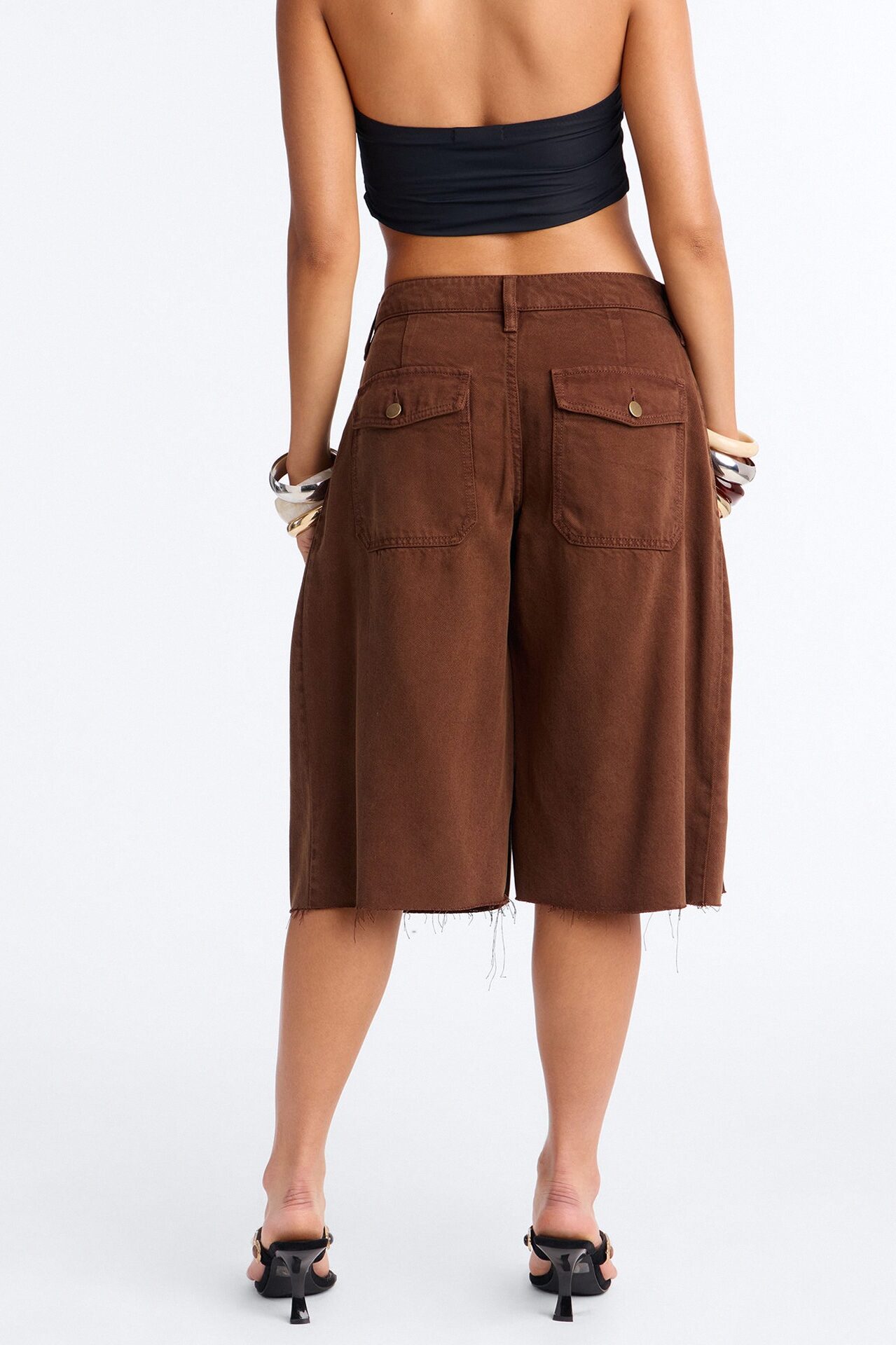 Caroline Twill Side Pleat Low Rise Bermuda Short - Brown