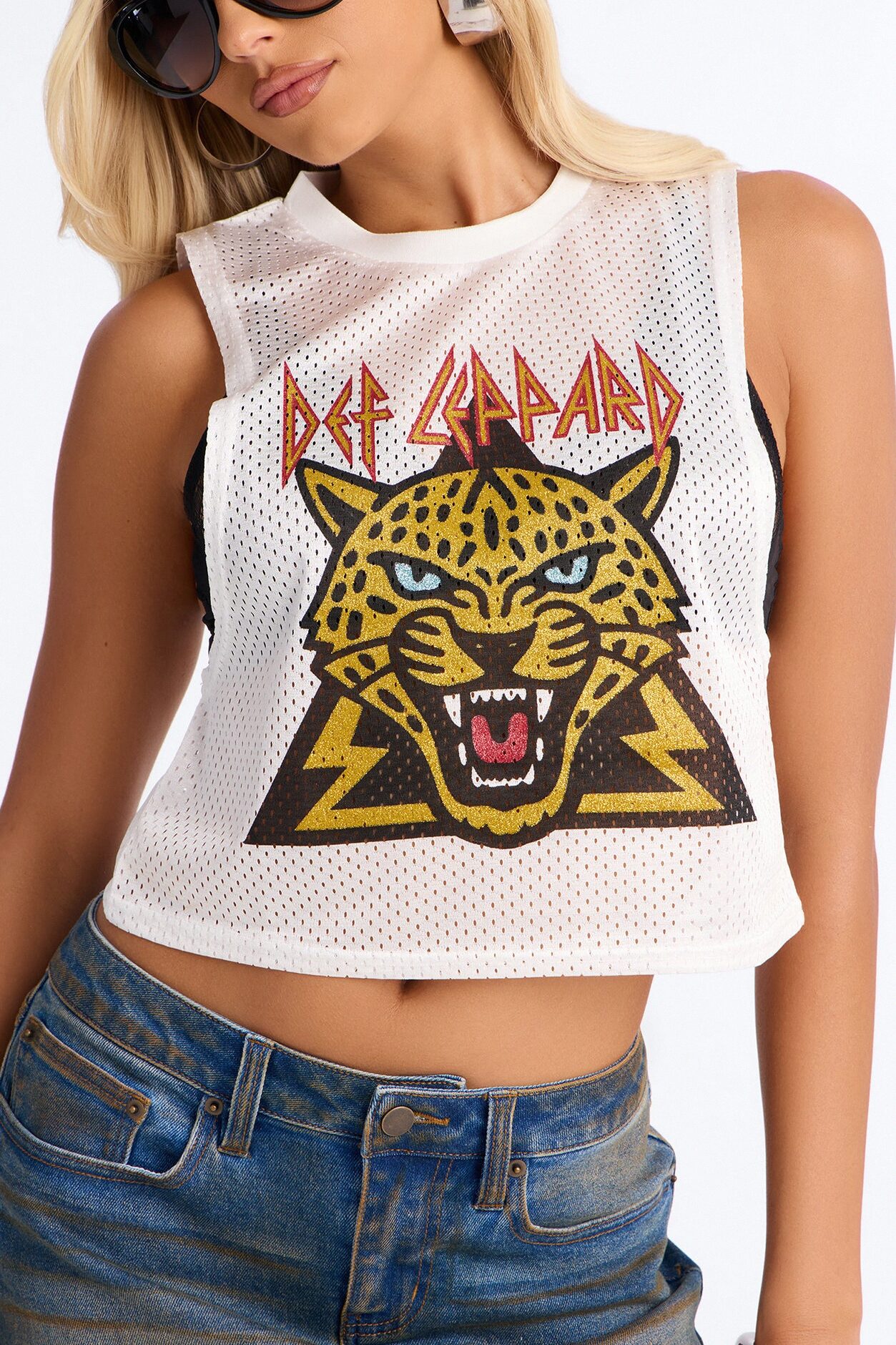 Def Leppard Mesh Cropped Muscle Tee - White
