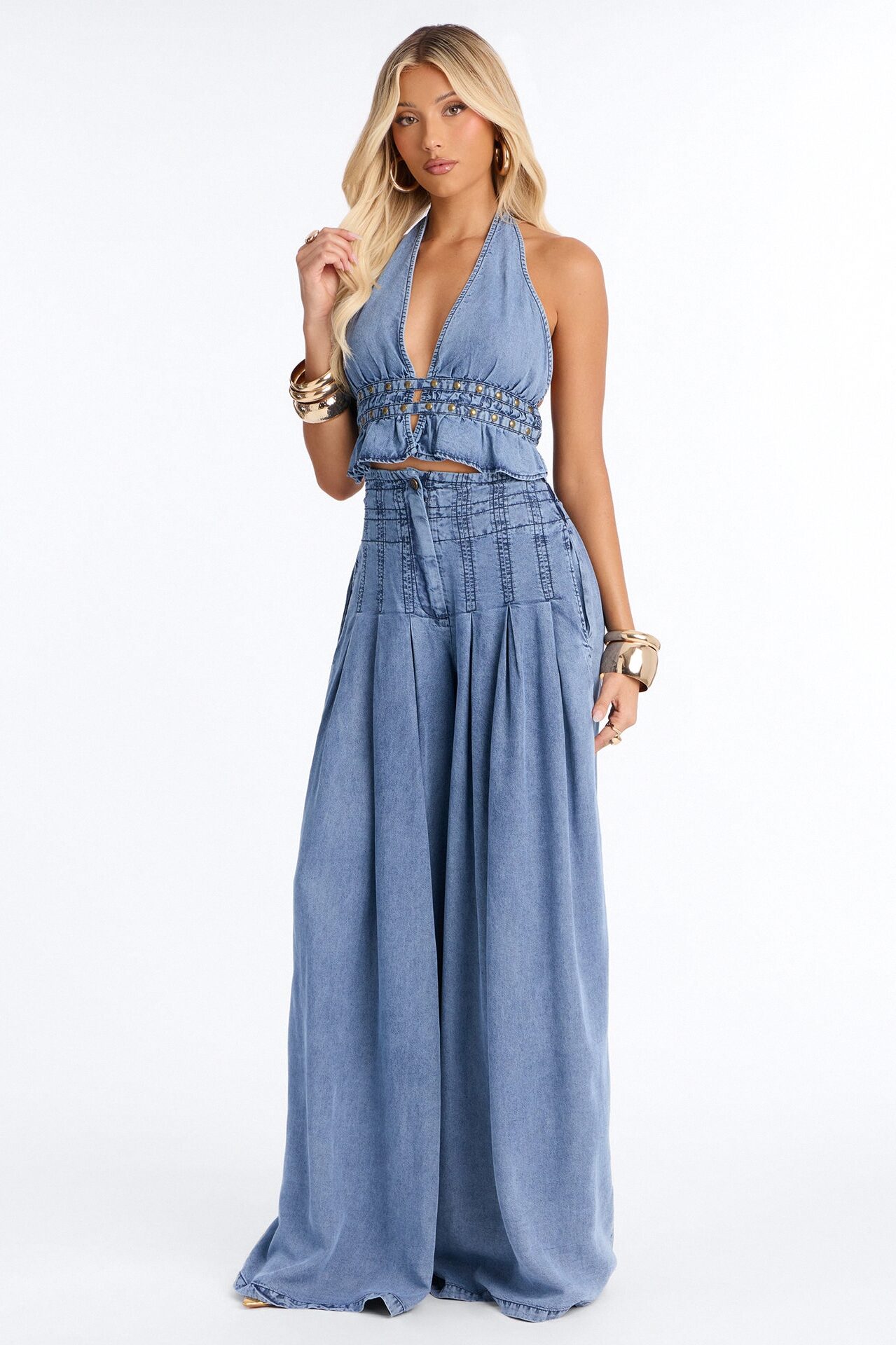 Kona Washed Chambray Halter Pant Set - Medium