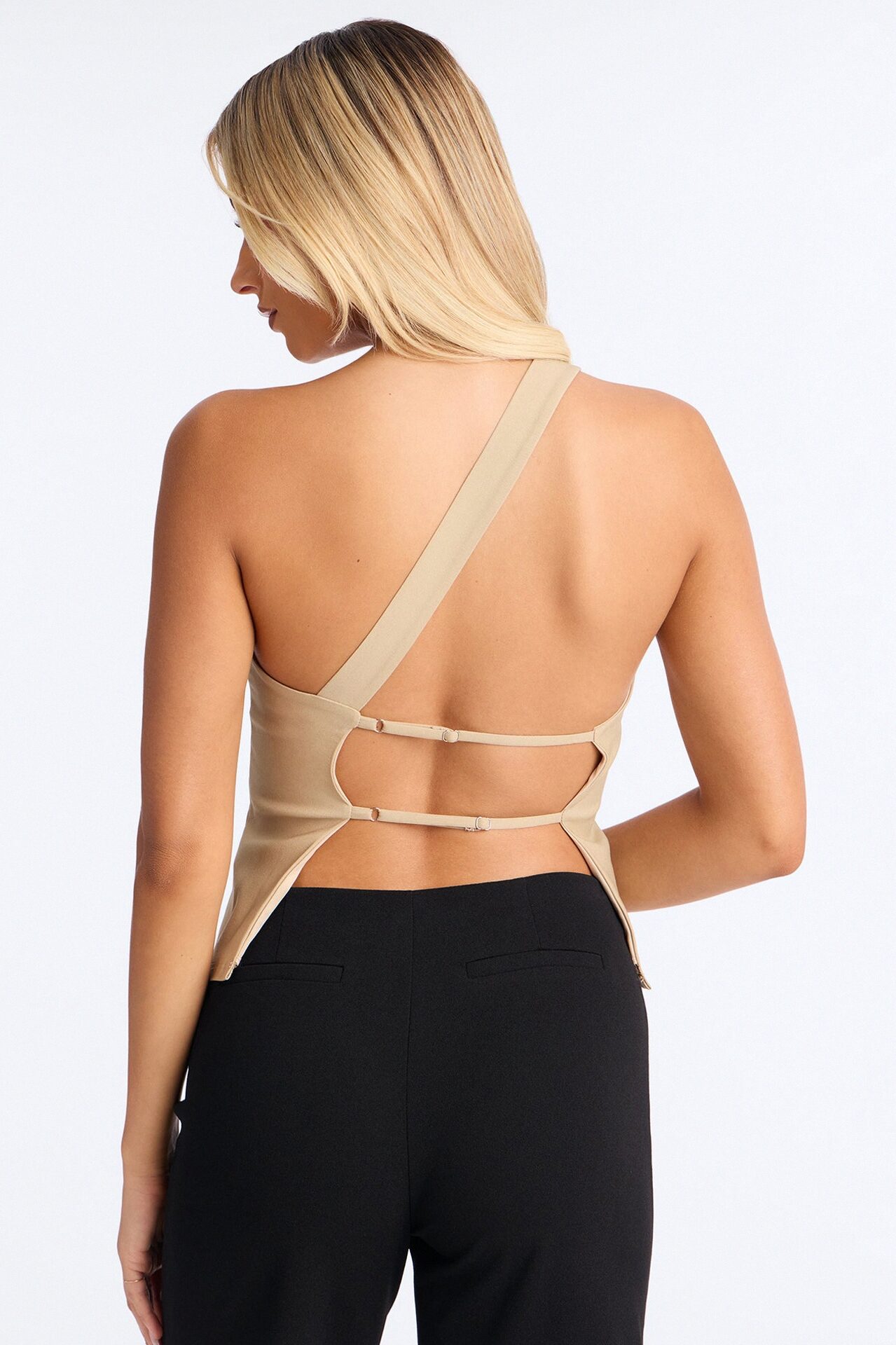 Office Siren One Shoulder Backless Top - Taupe