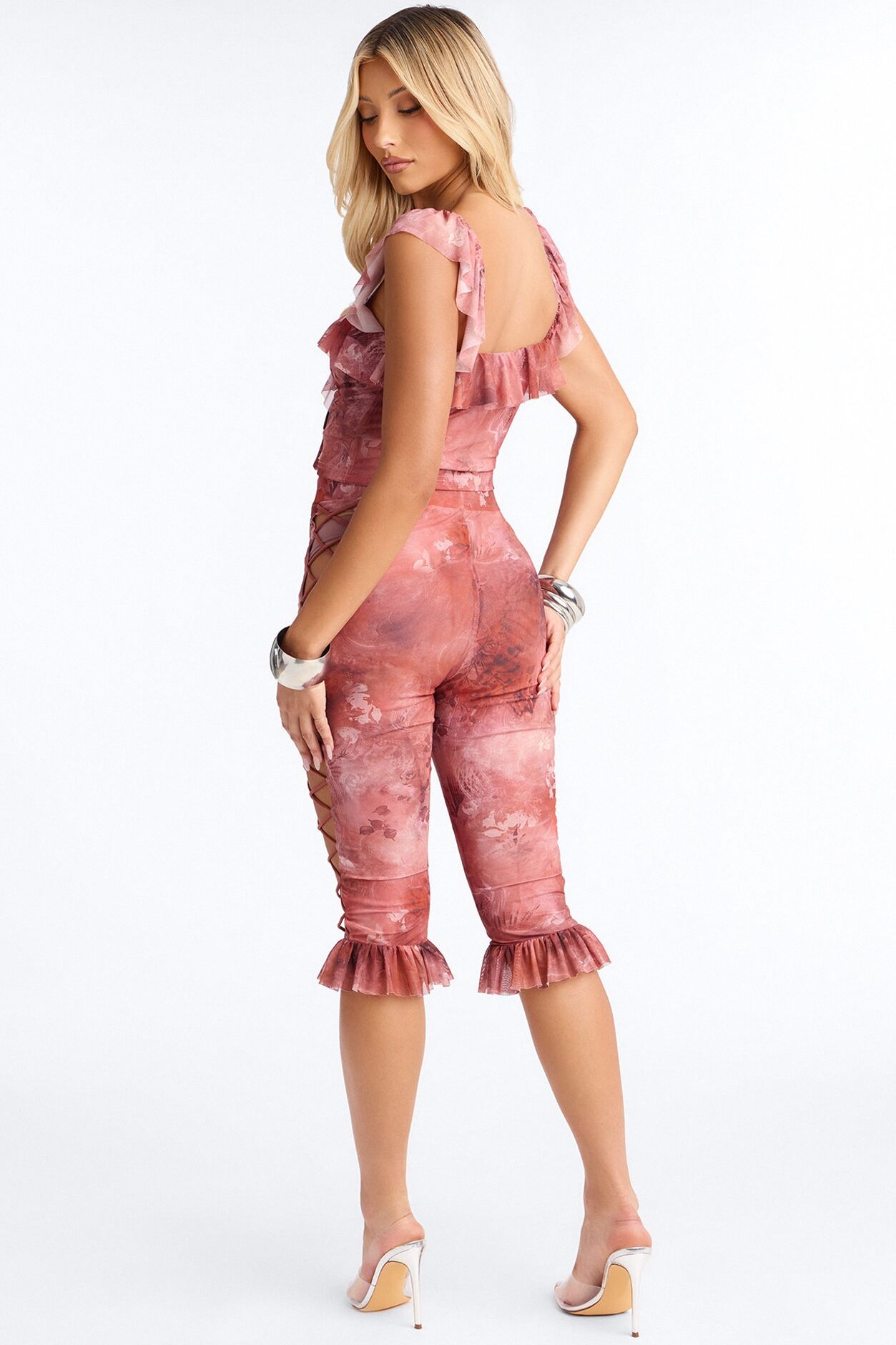 Rosalie Ruffled Mesh Capri Set - Marsala