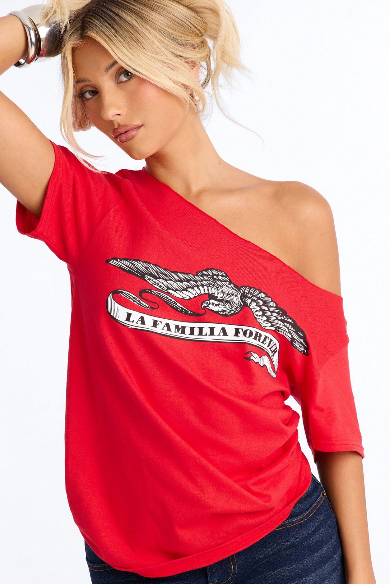 La Familia Forever Eagles Off Shoulder Top - Red