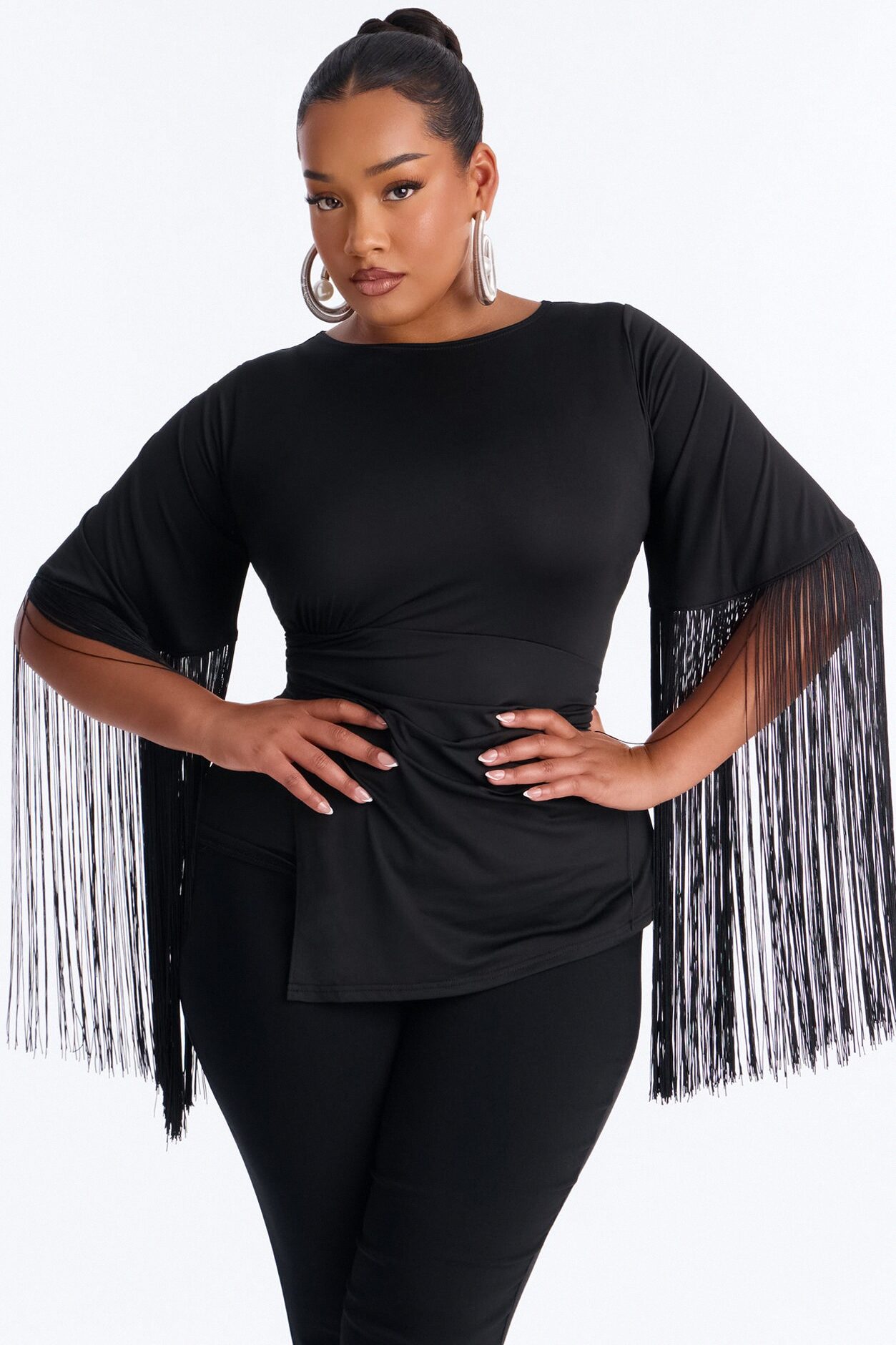 Gia Fringe Trim Short Sleeve Top - Black