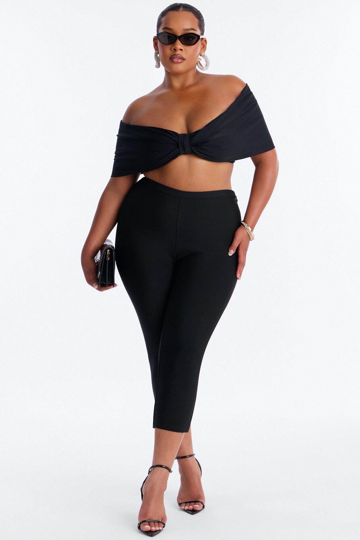 Nina Off Shoulder Ruched Crop Top - Black