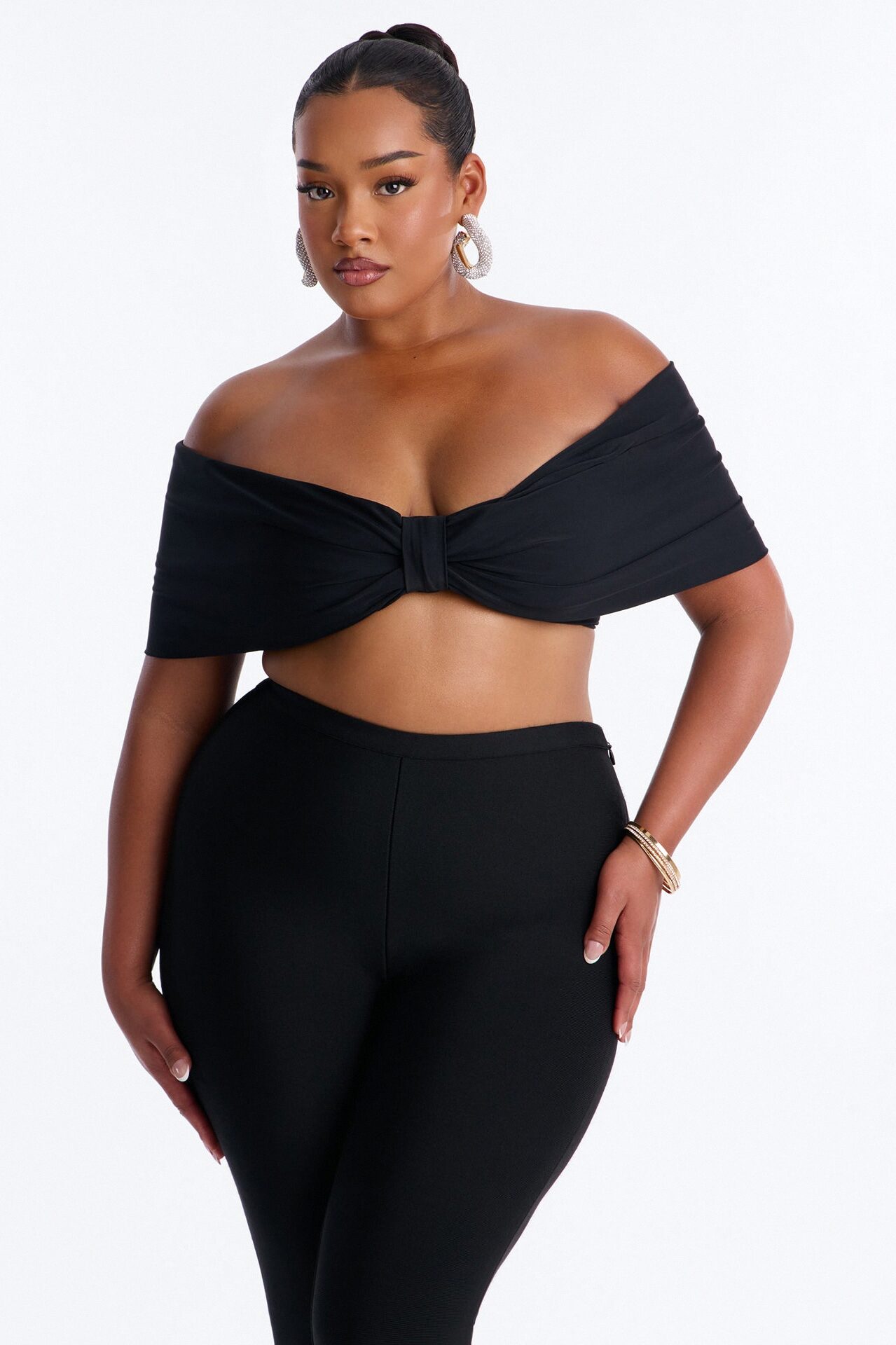Nina Off Shoulder Ruched Crop Top - Black