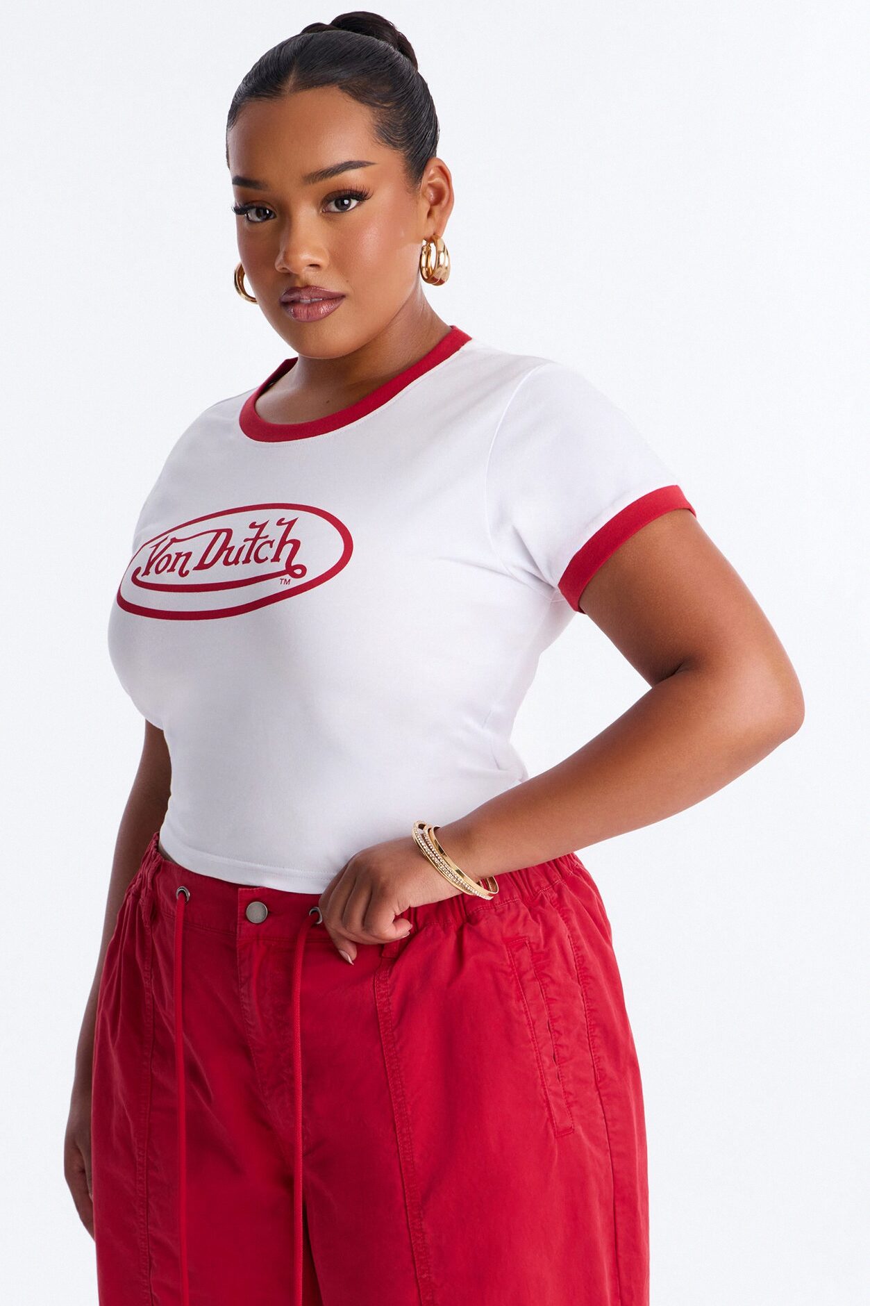 Von Dutch Rocker Ringer Cropped Tee - White