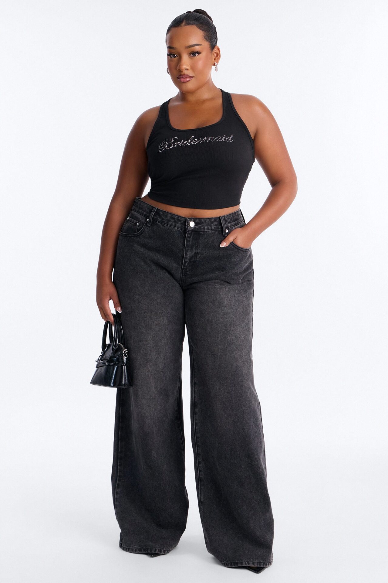 Bridesmaid Rhinestones Ribbed Tank Top - Black