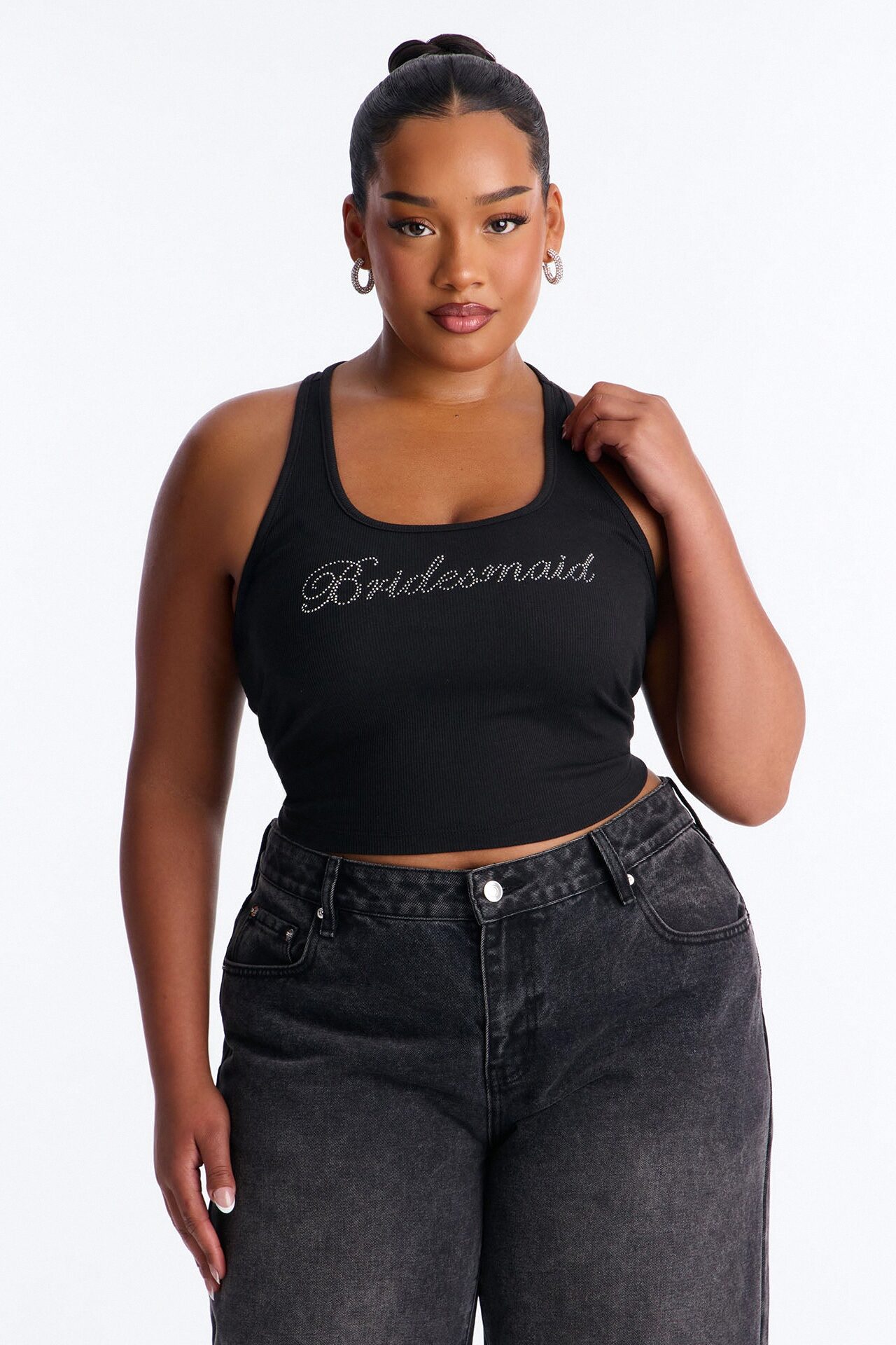 Bridesmaid Rhinestones Ribbed Tank Top - Black