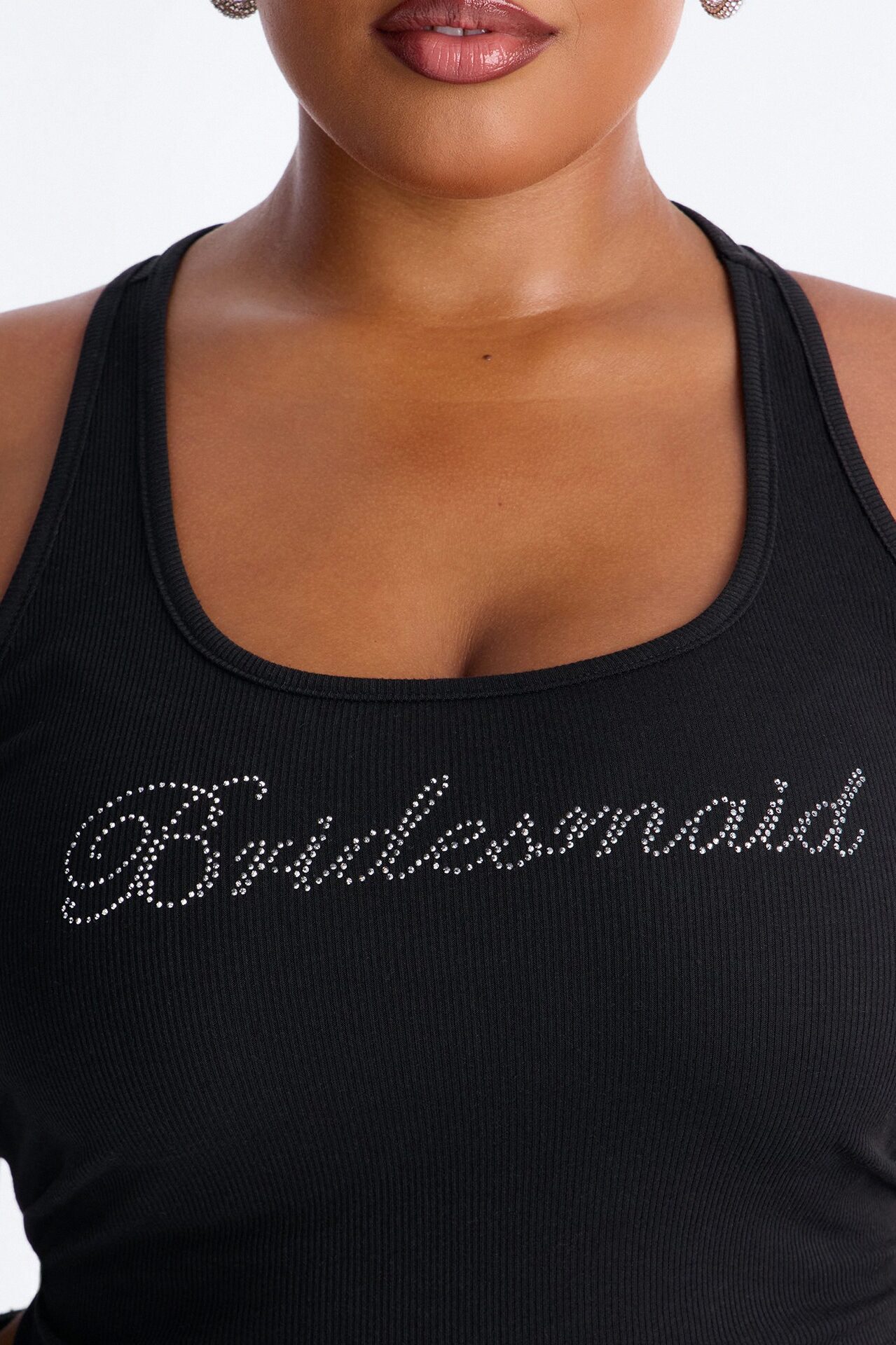 Bridesmaid Rhinestones Ribbed Tank Top - Black