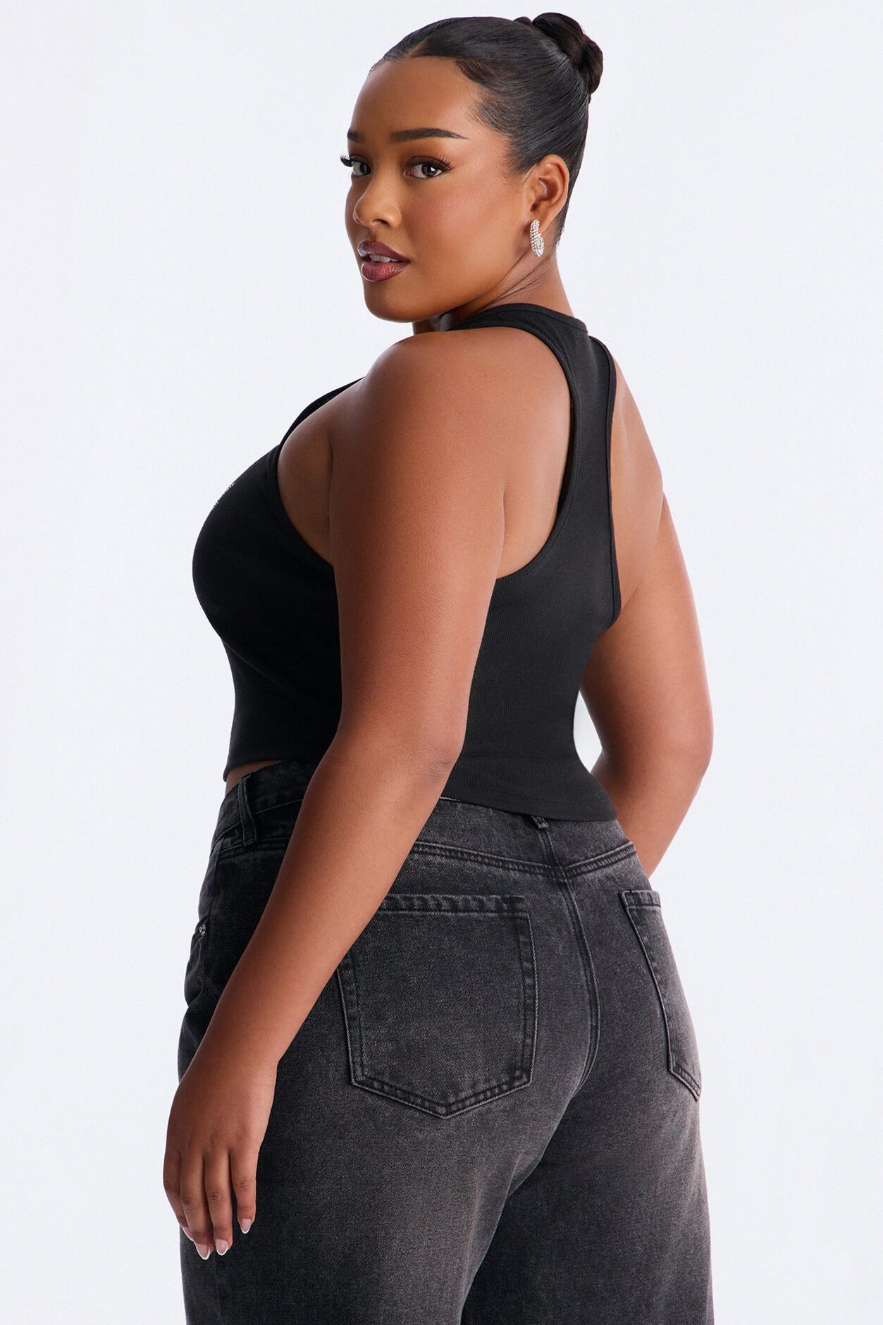 Bridesmaid Rhinestones Ribbed Tank Top - Black