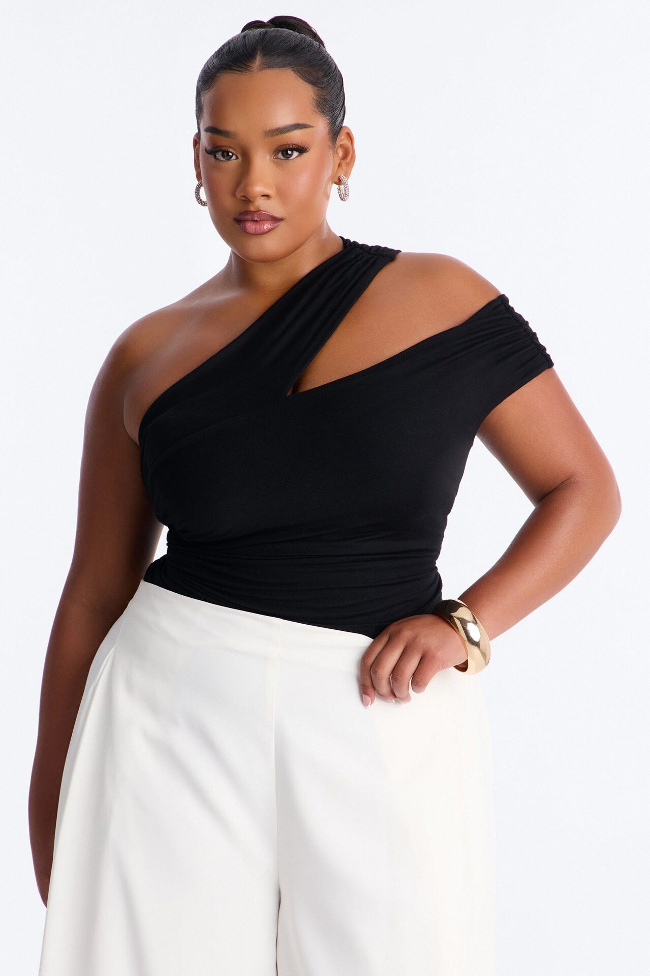 Been Here Before Ruched One Shoulder Bodysuit - Black