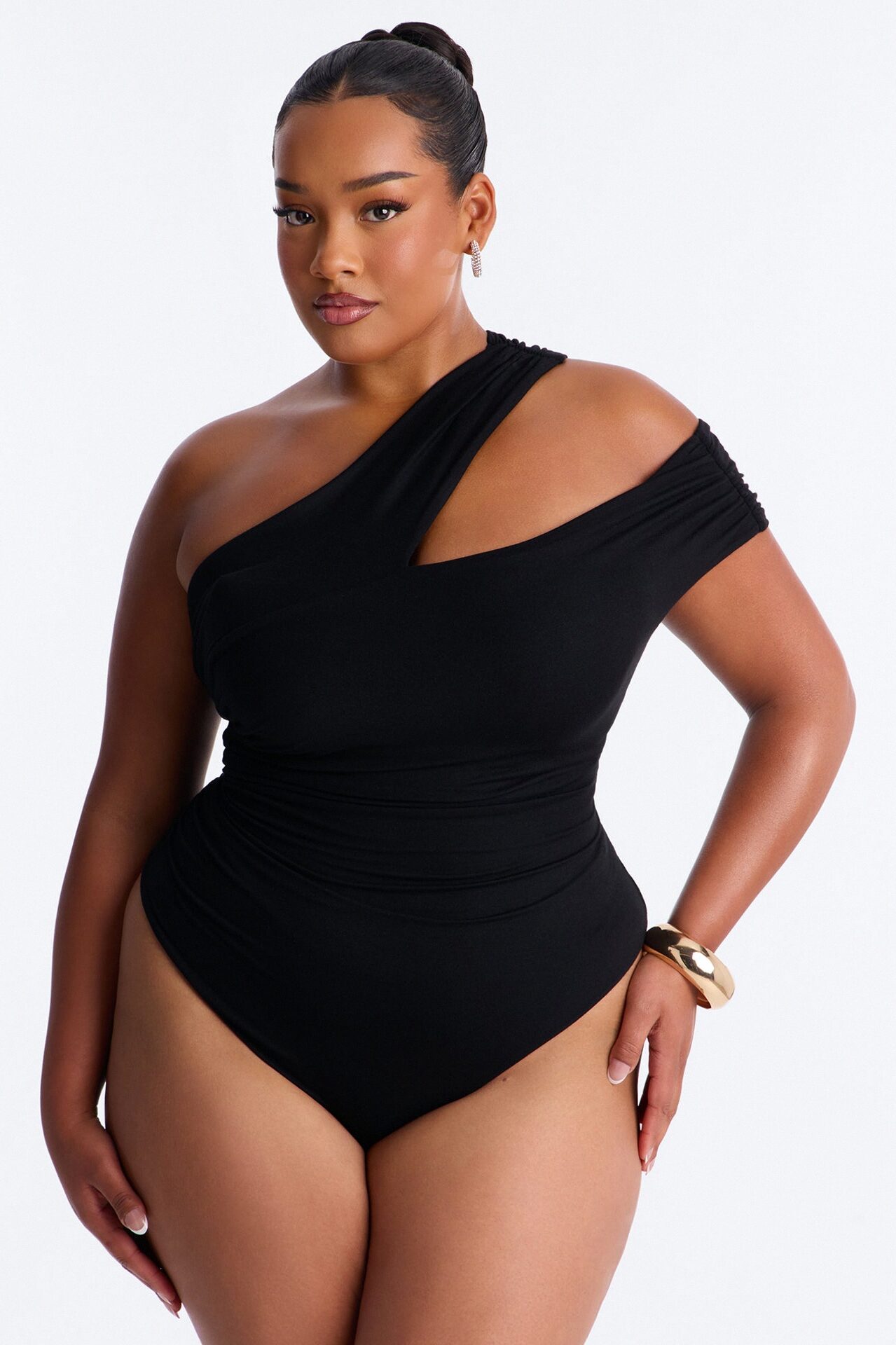 Been Here Before Ruched One Shoulder Bodysuit - Black
