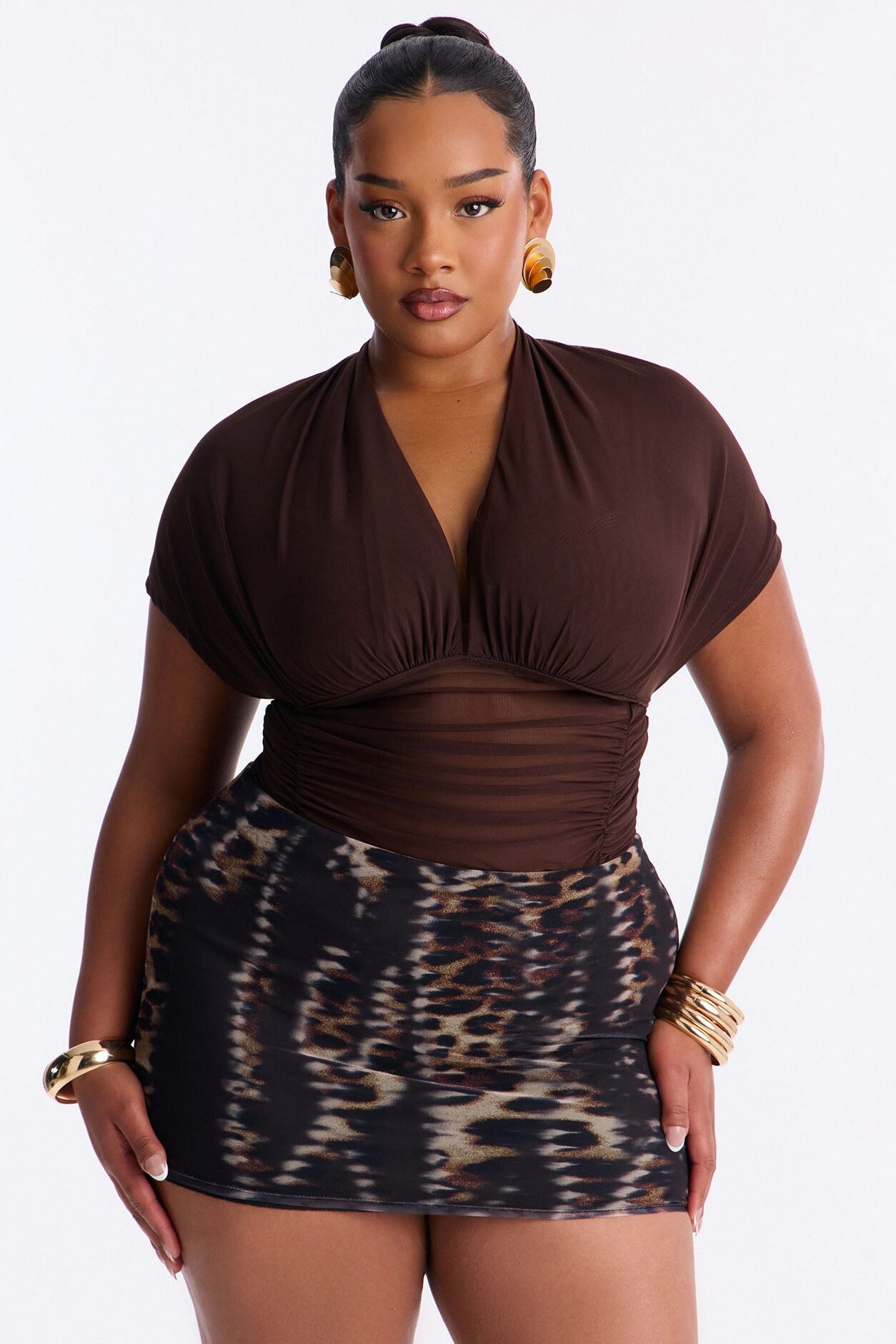 Leilani Sheer Mesh Ruched Short Sleeve Bodysuit - Brown