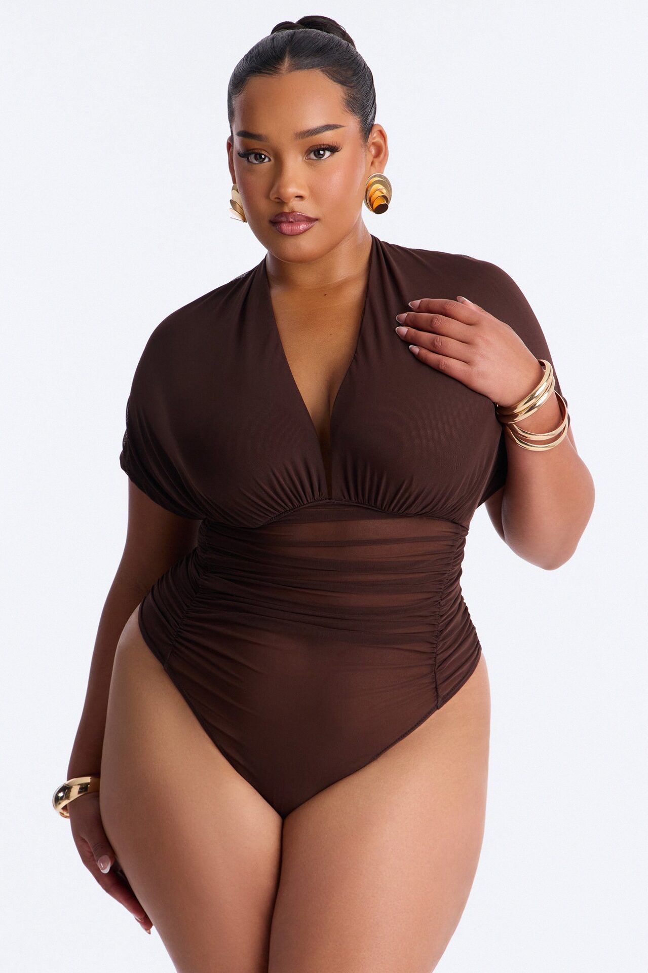 Leilani Sheer Mesh Ruched Short Sleeve Bodysuit - Brown