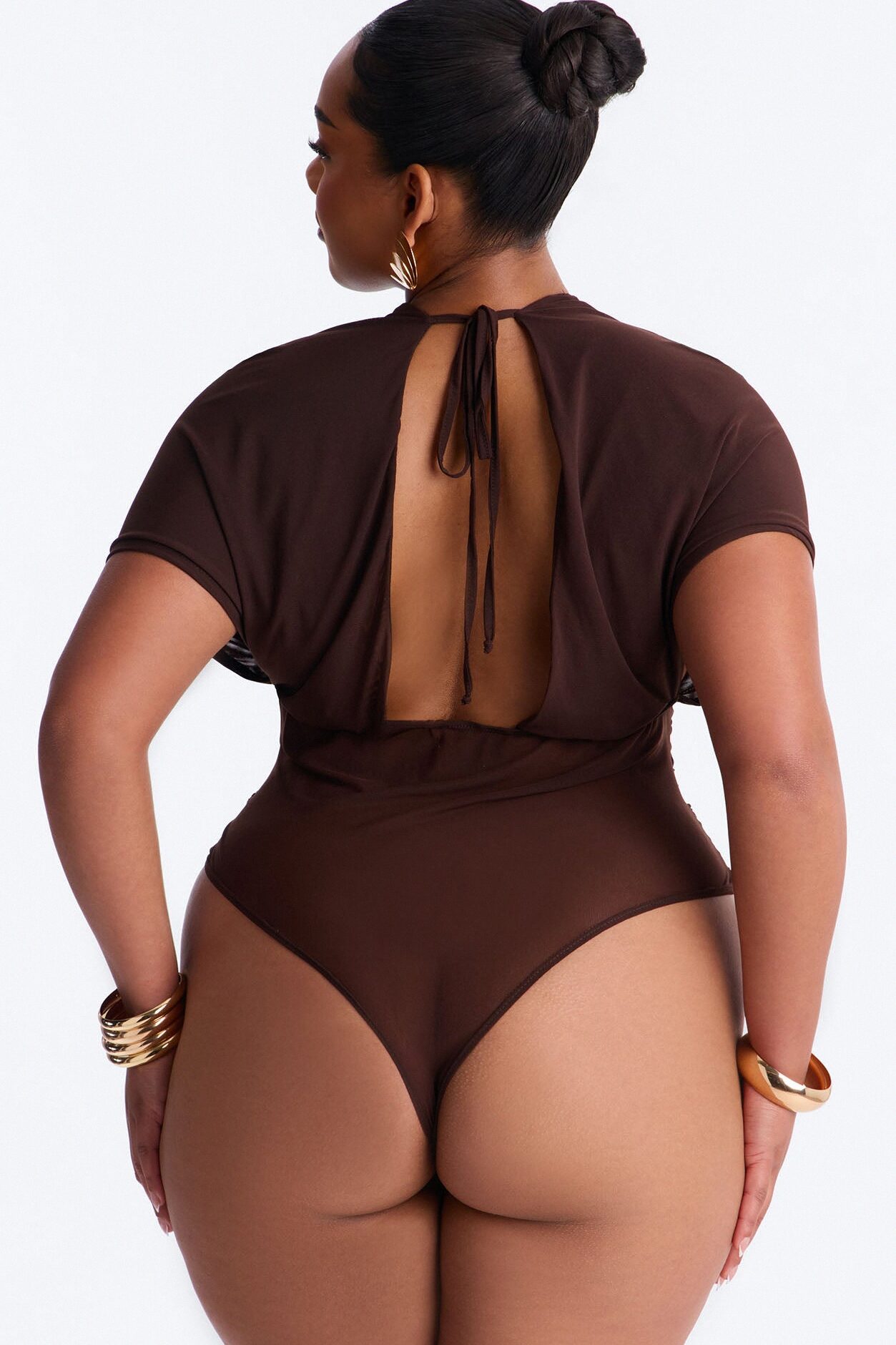 Leilani Sheer Mesh Ruched Short Sleeve Bodysuit - Brown
