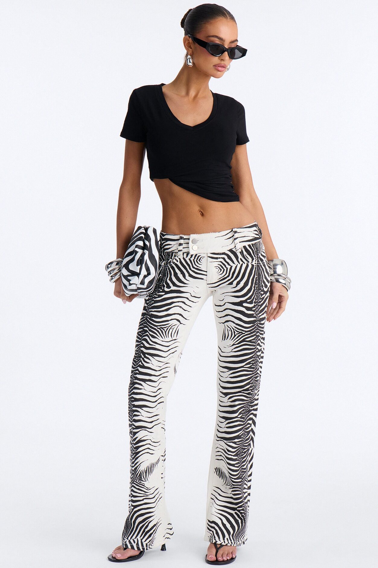 Exotic Taste Low Rise Printed Flare Jeans - White/Black