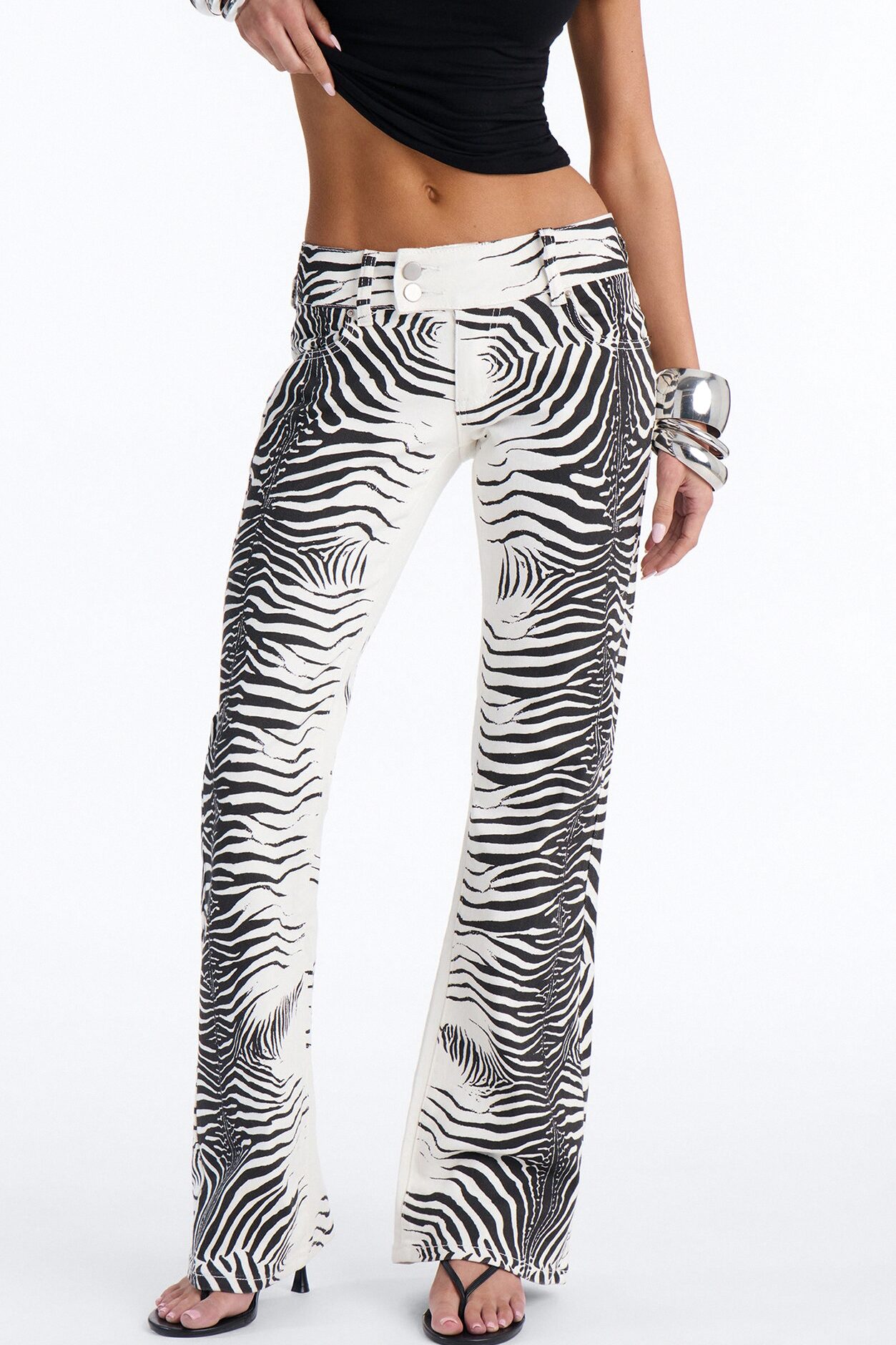 Exotic Taste Low Rise Printed Flare Jeans - White/Black