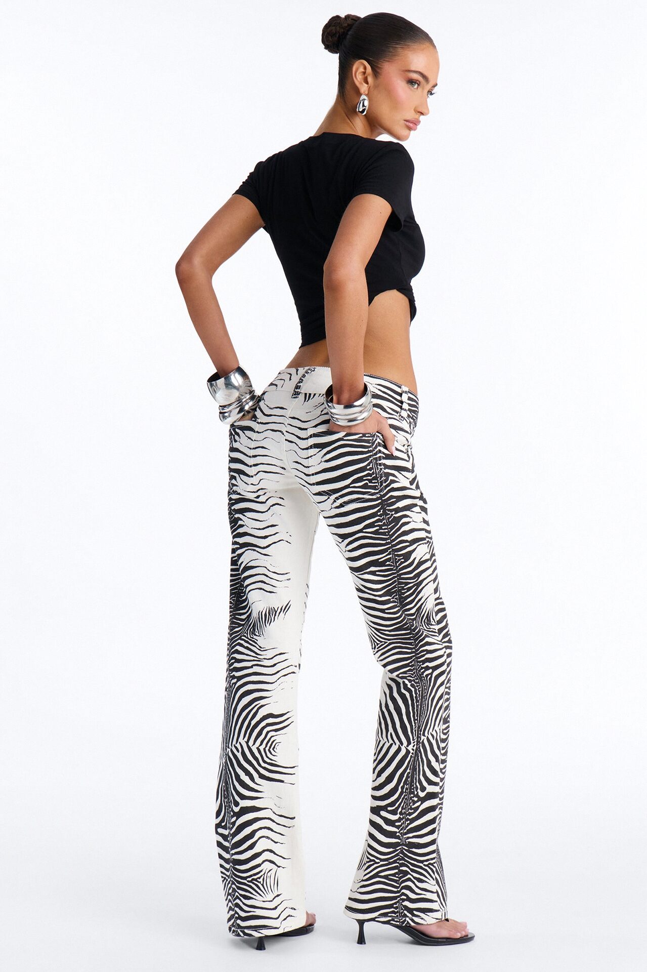 Exotic Taste Low Rise Printed Flare Jeans - White/Black