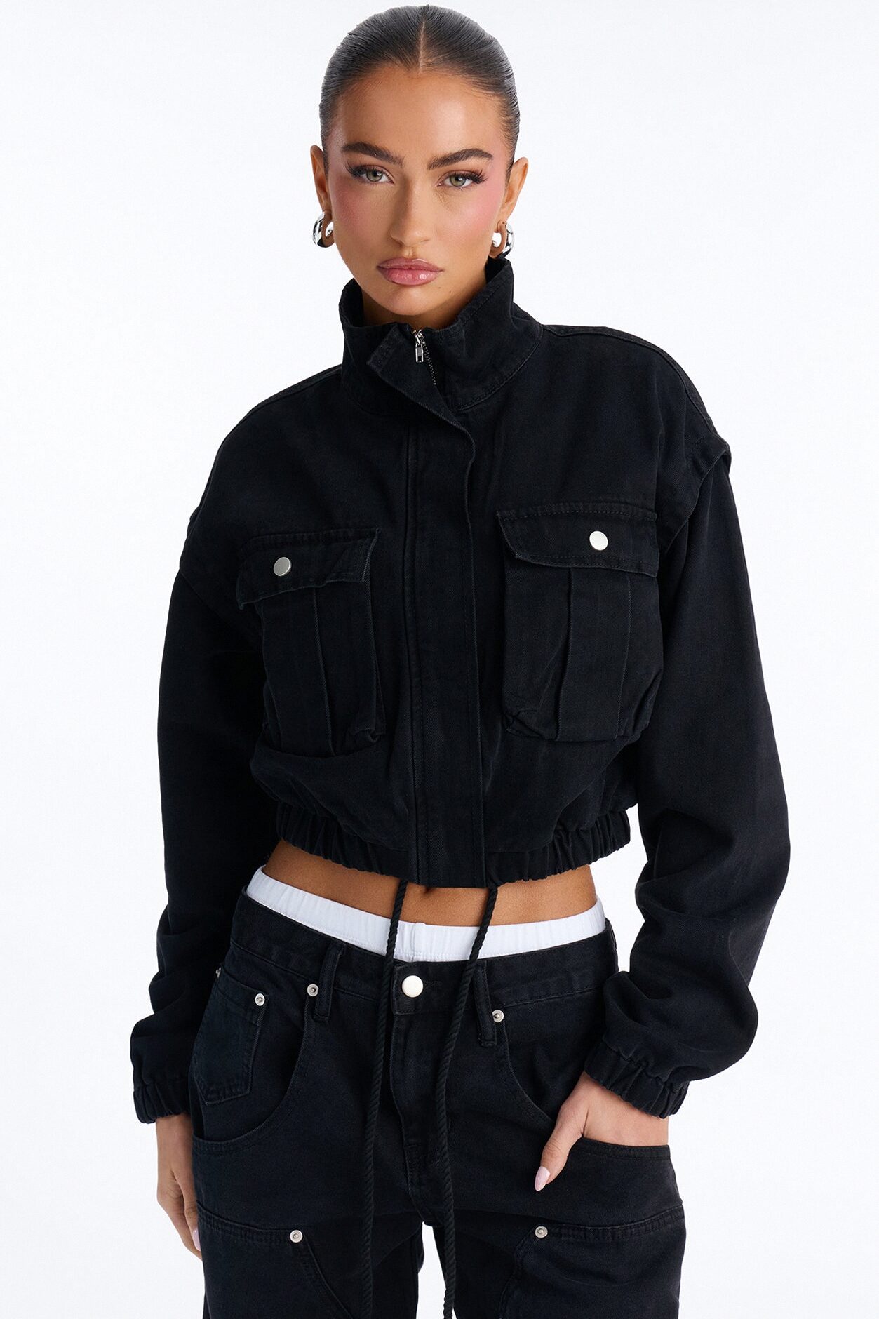 Living On Edge Cropped Denim Bomber Jacket - Black Wash