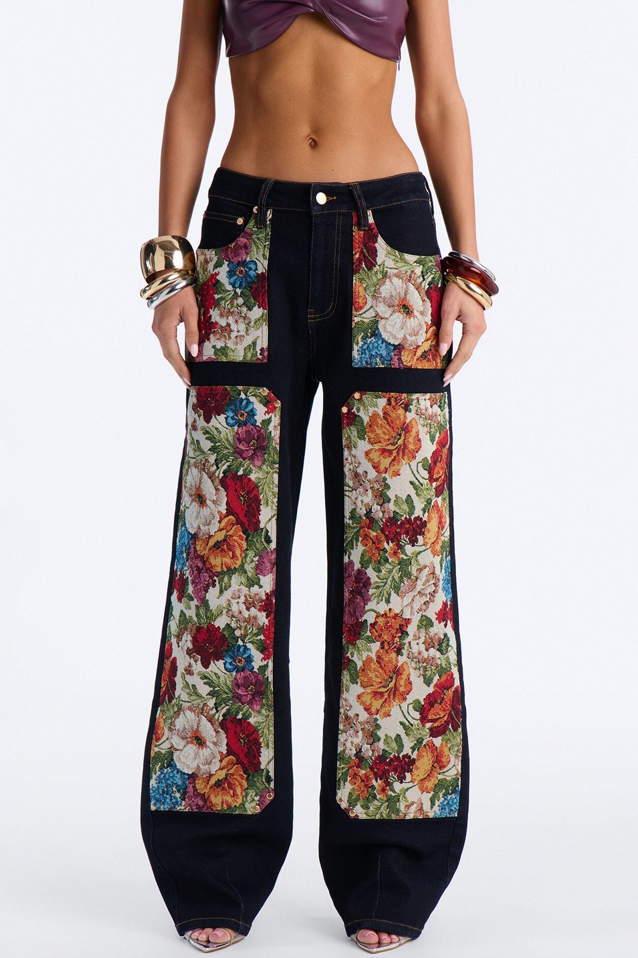 Heirloom Bloom Tapestry Utility Straight Leg Jeans - Dark Denim
